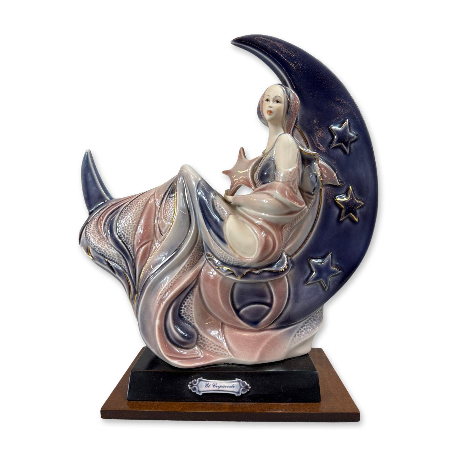 Galos Diseno Spanish Art Deco Style Porcelain Figurine: Spanish Art Deco style glazed porcelain figurine titled El Crepusculo (The Twilight) by manufacturer Galos Diseno. The piece features a stylized female figure reclining within a deep blue crescent moo