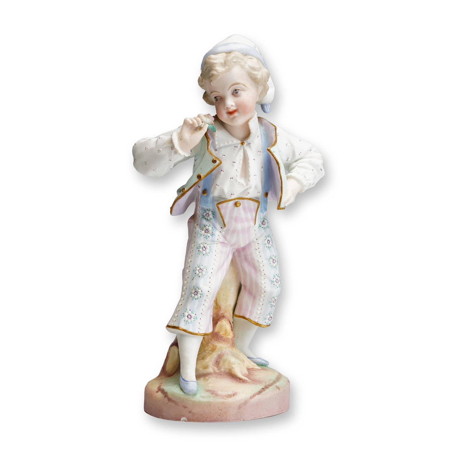 Vion & Baury Figurine, Boy in Nighttime Attire: This is a bisque porcelain figurine produced by Vion & Baury during the late 19th to early 20th century. The piece depicts a young boy in 18th-century style nighttime attire, wearing a white nightcap 