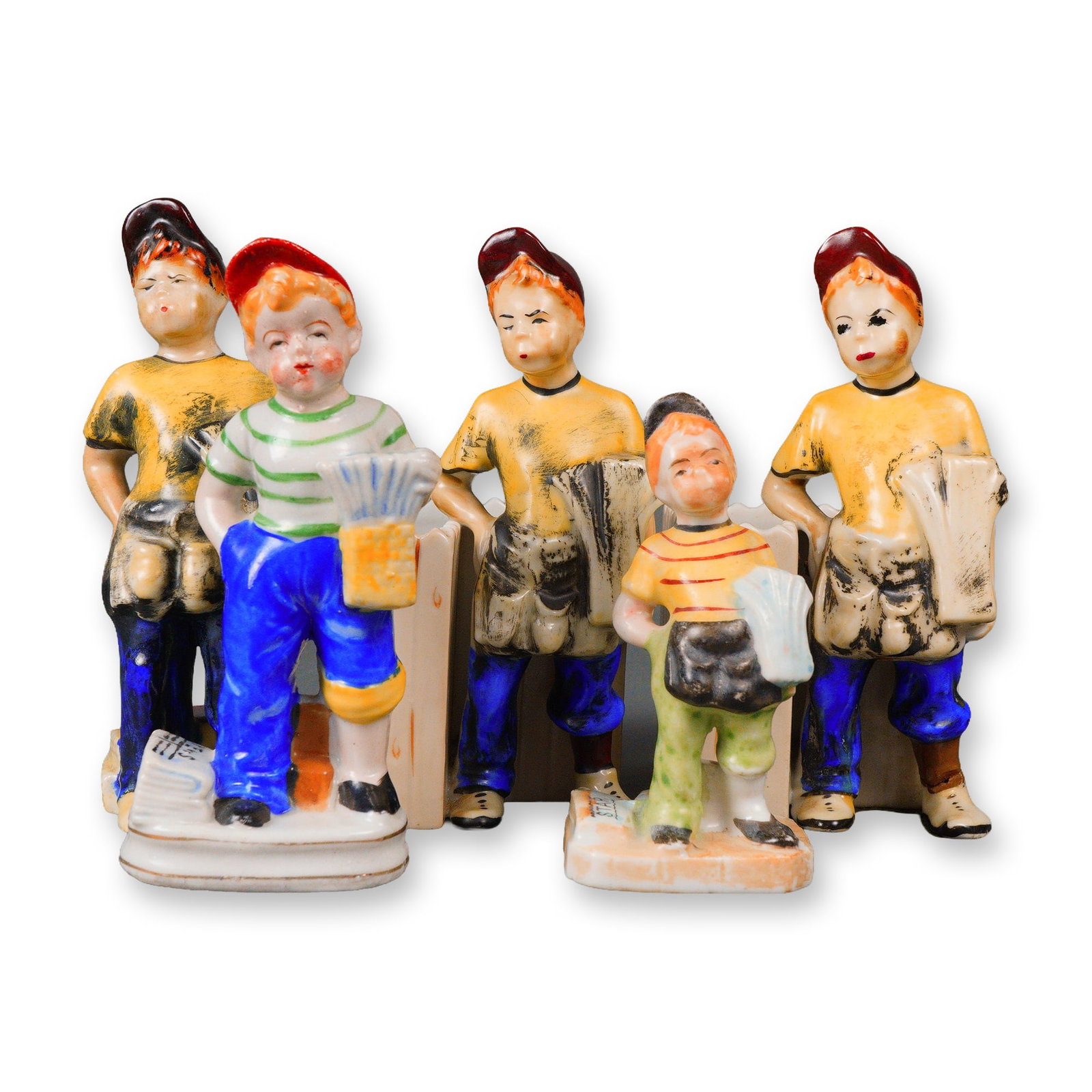 5pc Mid-20th Century Japanese Hand Painted Bisque Newsboy Figurines (1 of 5)