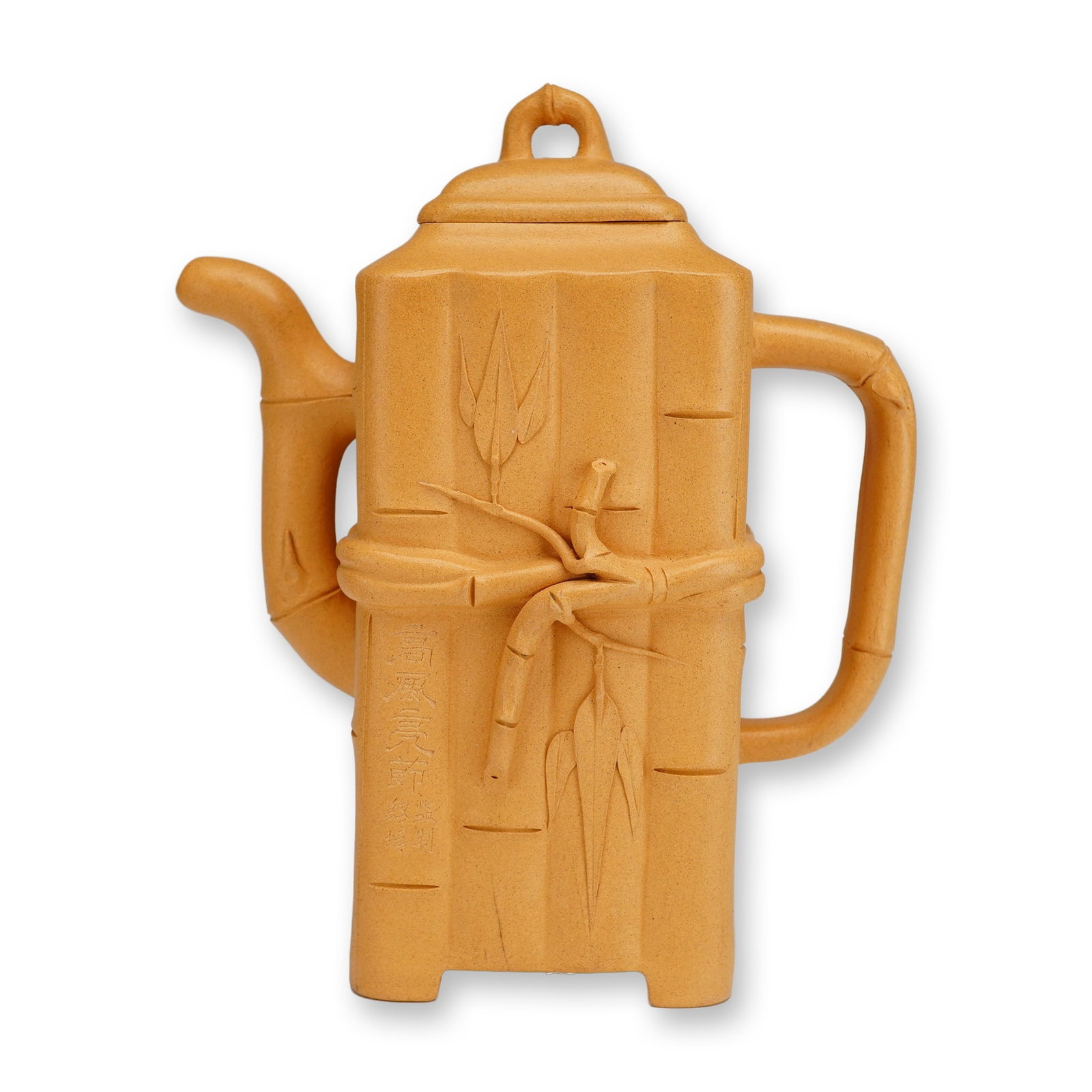 Chinese Yixing Duan Ni Zisha Square Bamboo Bundle Teapot with Shao Pei Mark: A Chinese Yixing Zisha clay teapot crafted in a square-sectioned form representing a bundle of bamboo stalks. The body is cinched at the midsection with a raised relief band resembling a cord. One sid