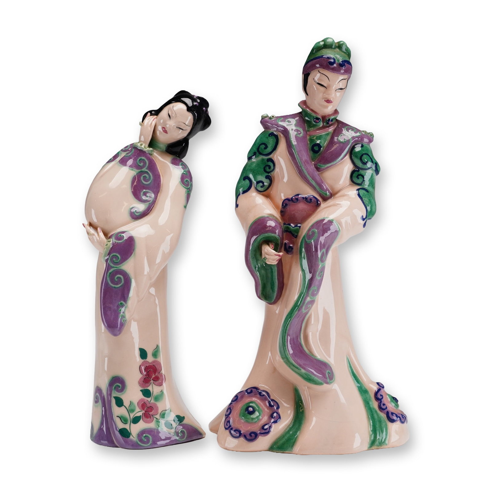 2pc Kay Finch California Pottery Chinese Couple Figurines: A pair of stylized mid-century ceramic figurines by Kay Finch California Pottery, depicting a man and a woman in traditional Chinese-style attire. The female figure is modeled in a graceful, leaning p