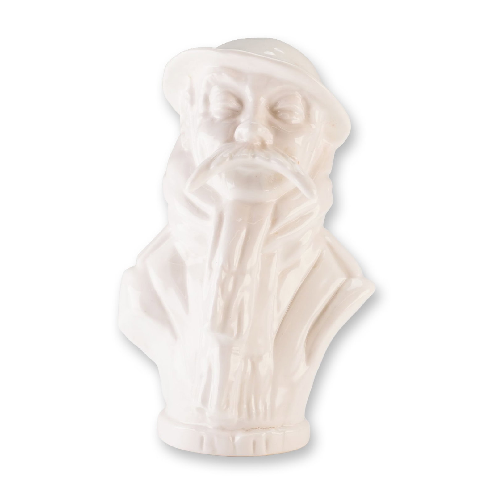 Michael Sutty Proof Glazed Porcelain Old Bill Bust: A glazed white porcelain bust produced by the Michael Sutty Porcelain Manufactory. The figurine depicts the character Old Bill, a World War I caricature created by Bruce Bairnsfather, featuring his pr
