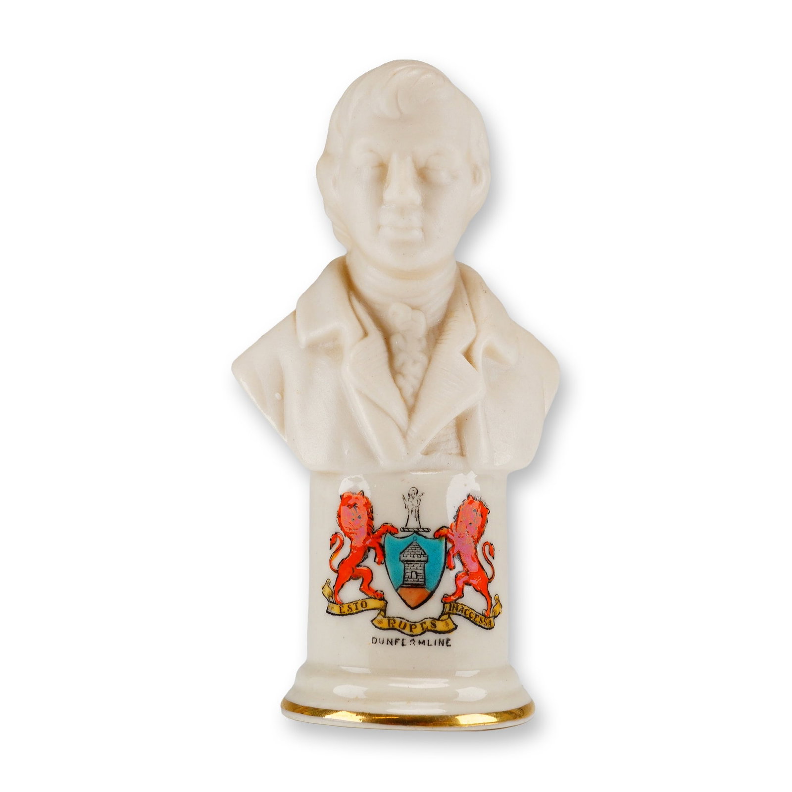 Carlton China Parian Porcelain Crested Bust of Robert Burns for Dunfermline: This miniature commemorative bust depicts the Scottish poet Robert Burns (1759??"1796) and was manufactured by Carlton China at the Wilton Pottery in Stoke-on-Trent, England. The figure is composed of