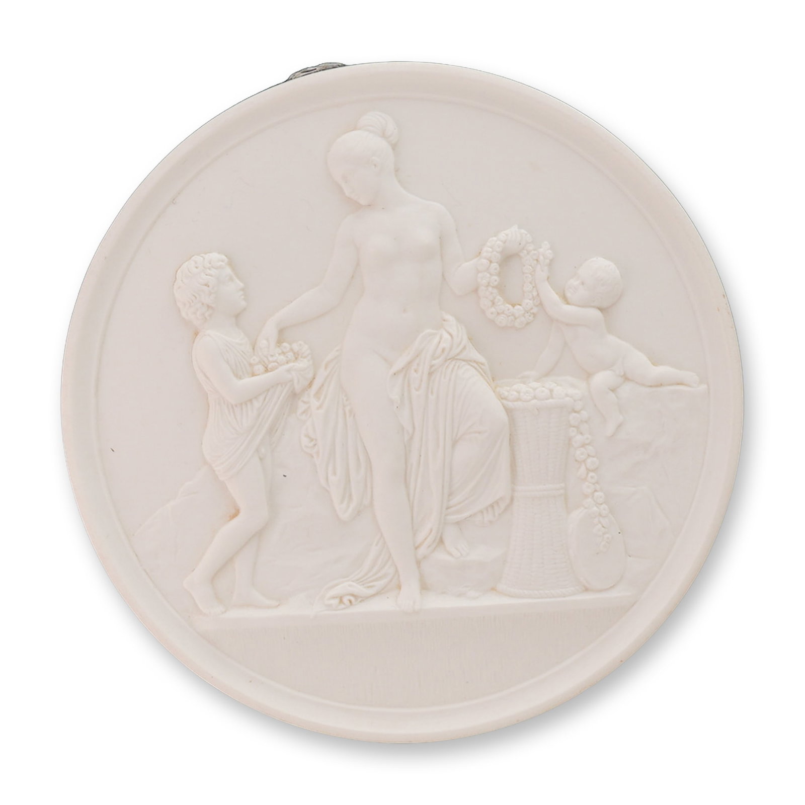 B&G Bisque Plaque, Spring, Framed: Identified as 'Spring' from the 'Four Seasons' series, based on the Neoclassical designs of Bertel Thorvaldsen. The circular white bisque plaque features a detailed bas-relief depicting a central part