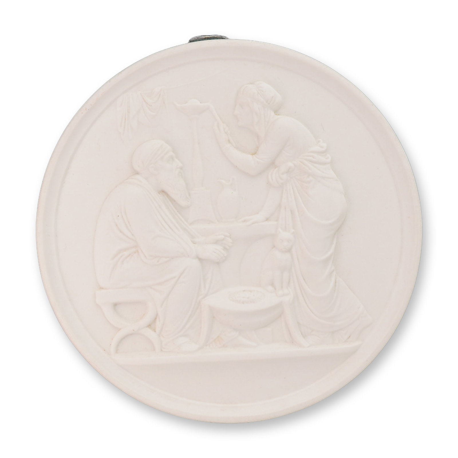B&G Bisque Porcelain Four Seasons Plaque Winter: From the Four Seasons series, representing Winter. The plaque is rendered in white, unglazed ceramic material, consistent with bisque porcelain, featuring a Neoclassical style relief. The relief depic