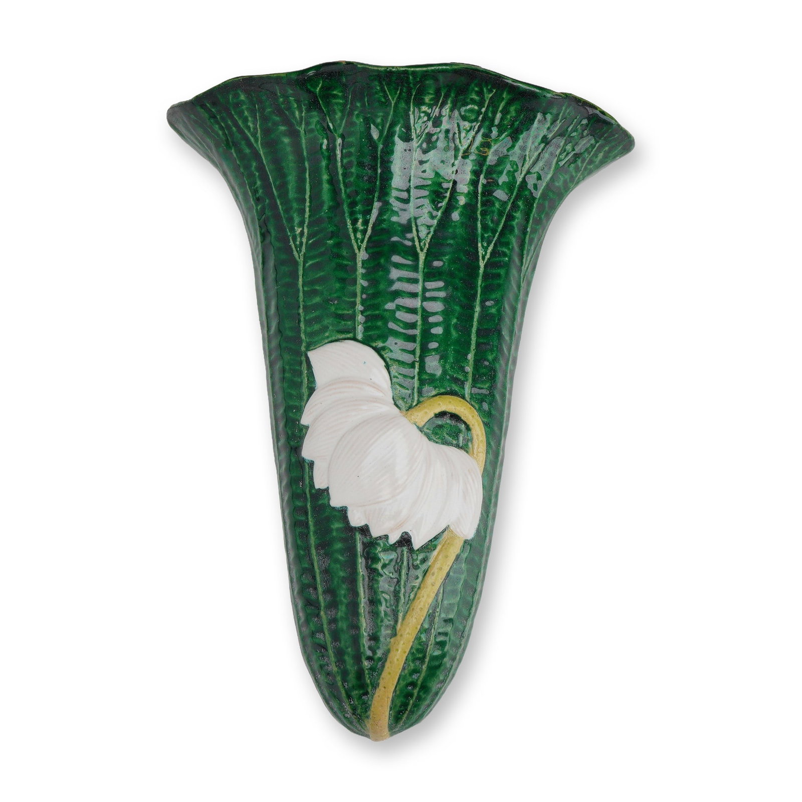 Majolica Style Ceramic Water Lily Wall Pocket: A majolica-style ceramic wall pocket, modeled in the form of a large, vertically-ribbed green leaf with a flared, scalloped rim. The front is decorated with a white water lily blossom in high relief, 