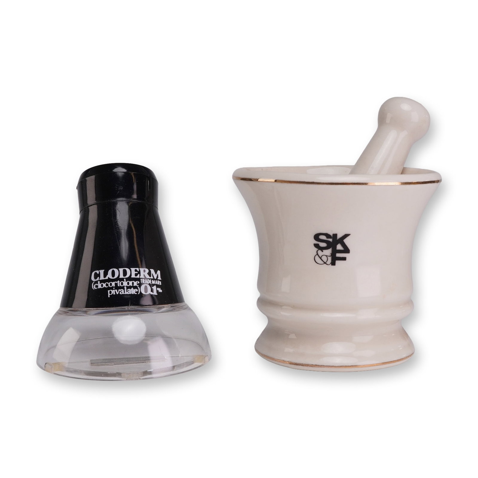 Two Medical Advertising Items- Griffith Pottery SK&F Mortar and Pestle and a Cloderm Magnifier (1 of 4)