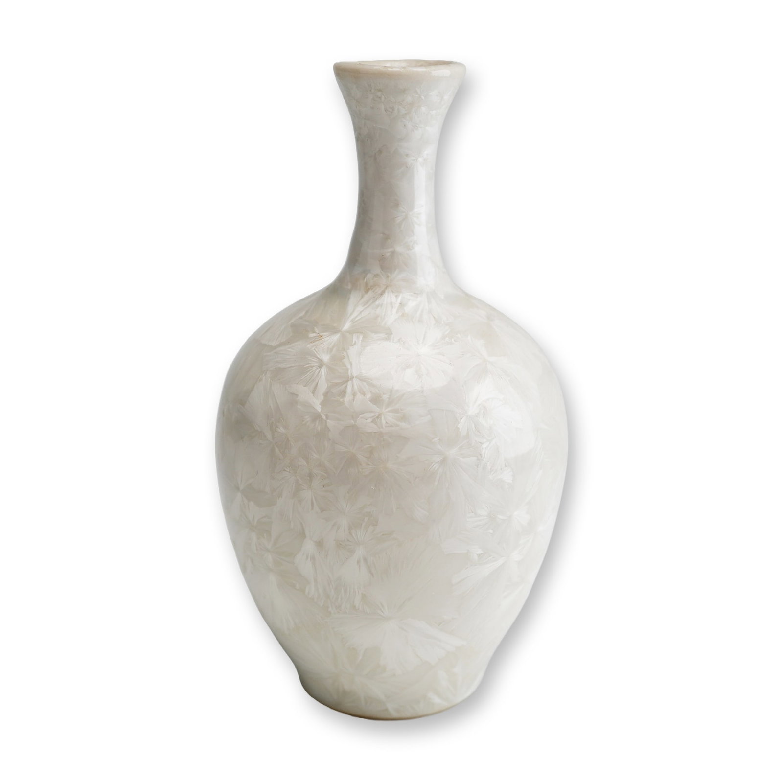Frank Neef Seagrove Crystalline Glaze Porcelain Vase: A small porcelain bottle-form vase by Frank Neef of Seagrove, North Carolina, featuring a macro-crystalline glaze decoration. The vessel is adorned with large, white, fan-like crystals set against a c