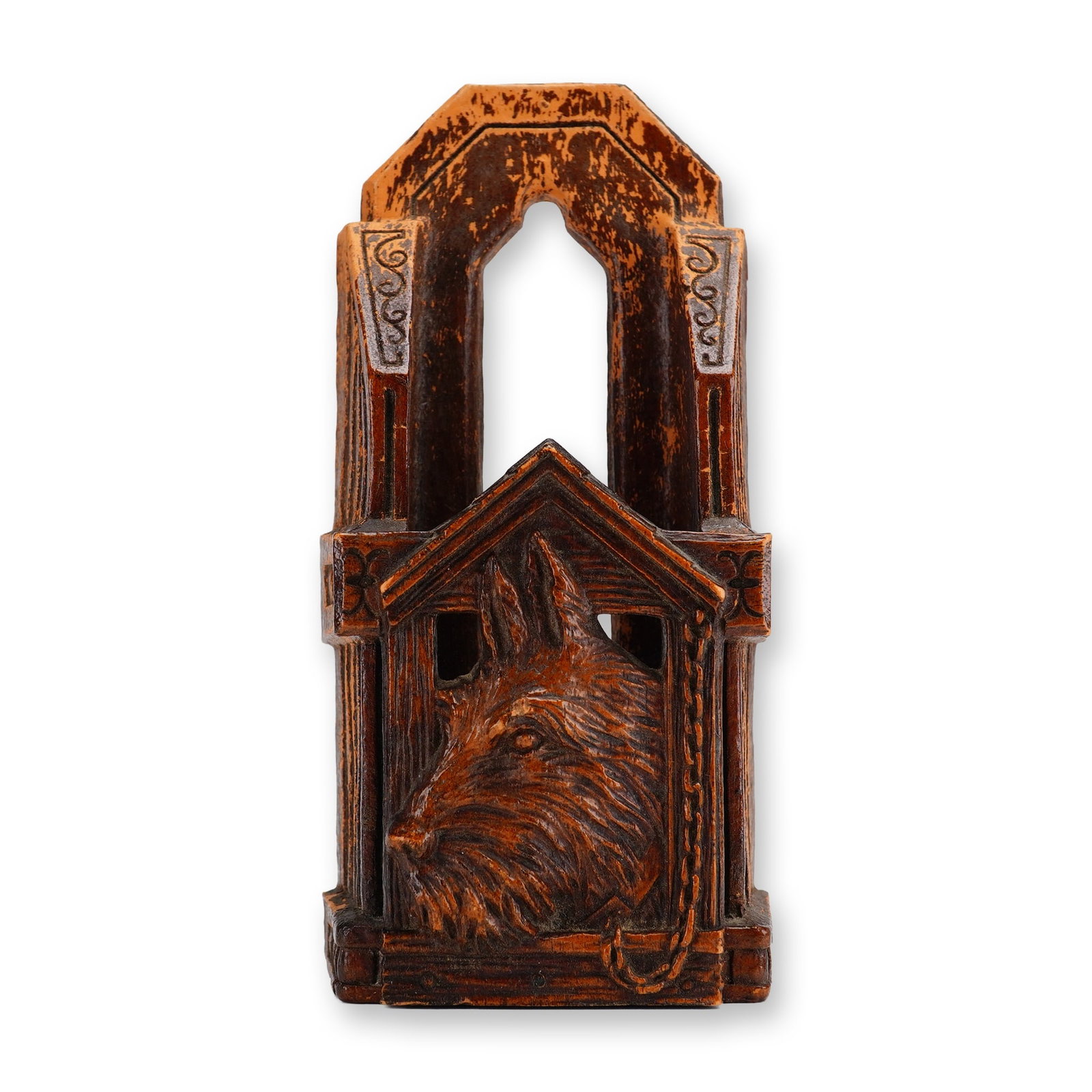 OrnaWood Scottish Terrier Match Holder: This vintage novelty match holder or spill vase is manufactured by OrnaWood, featuring a molded composition construction designed to simulate hand-carved wood. The front of the piece displays a high-r