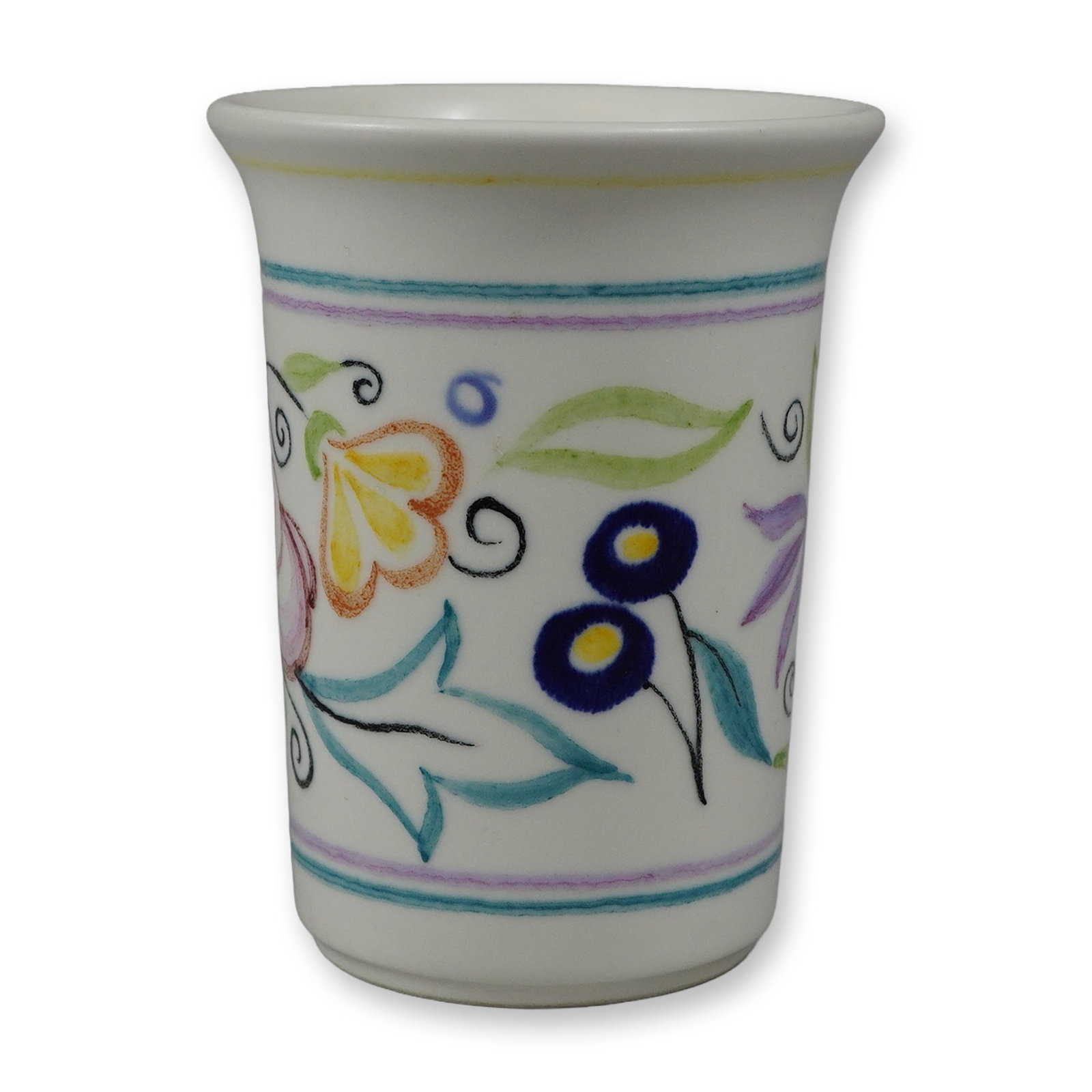 Poole Pottery Studio Hand-Painted Floral and Cockerel Small Beaker Vase, 2003: A small earthenware vase of beaker form with a flared rim, manufactured by Poole Pottery within their Studio line. The piece is hand-painted with polychrome decoration over a white glaze, featuring a 