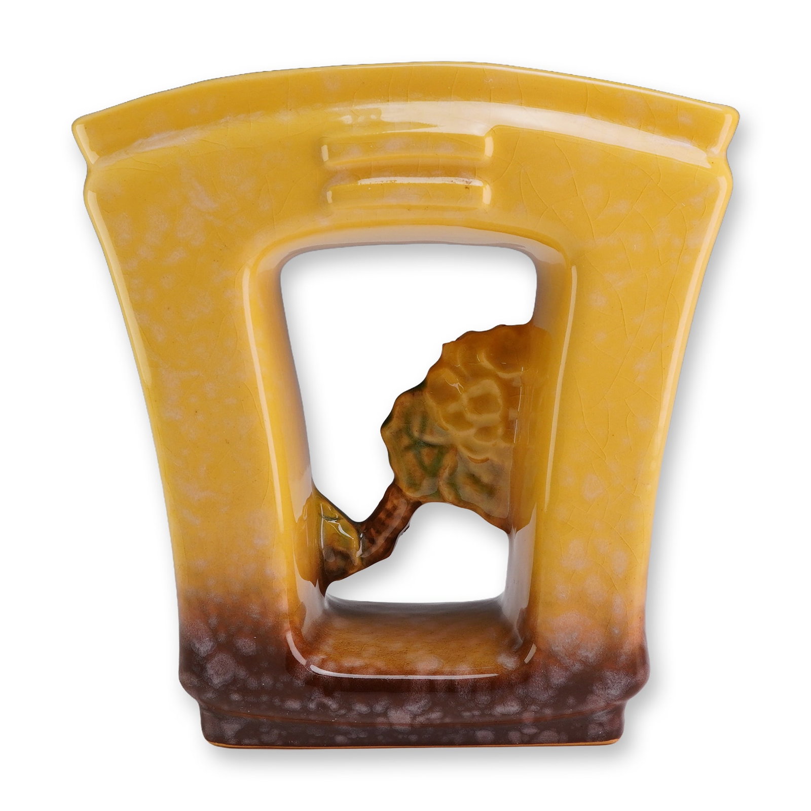 Roseville Artwood Yellow Window Vase: Roseville Pottery (American, mid-20th century). Artwood pattern see-through or window vase, model number 1051-6. Glazed ceramic construction in a rectangular architectural form with a central rectangu