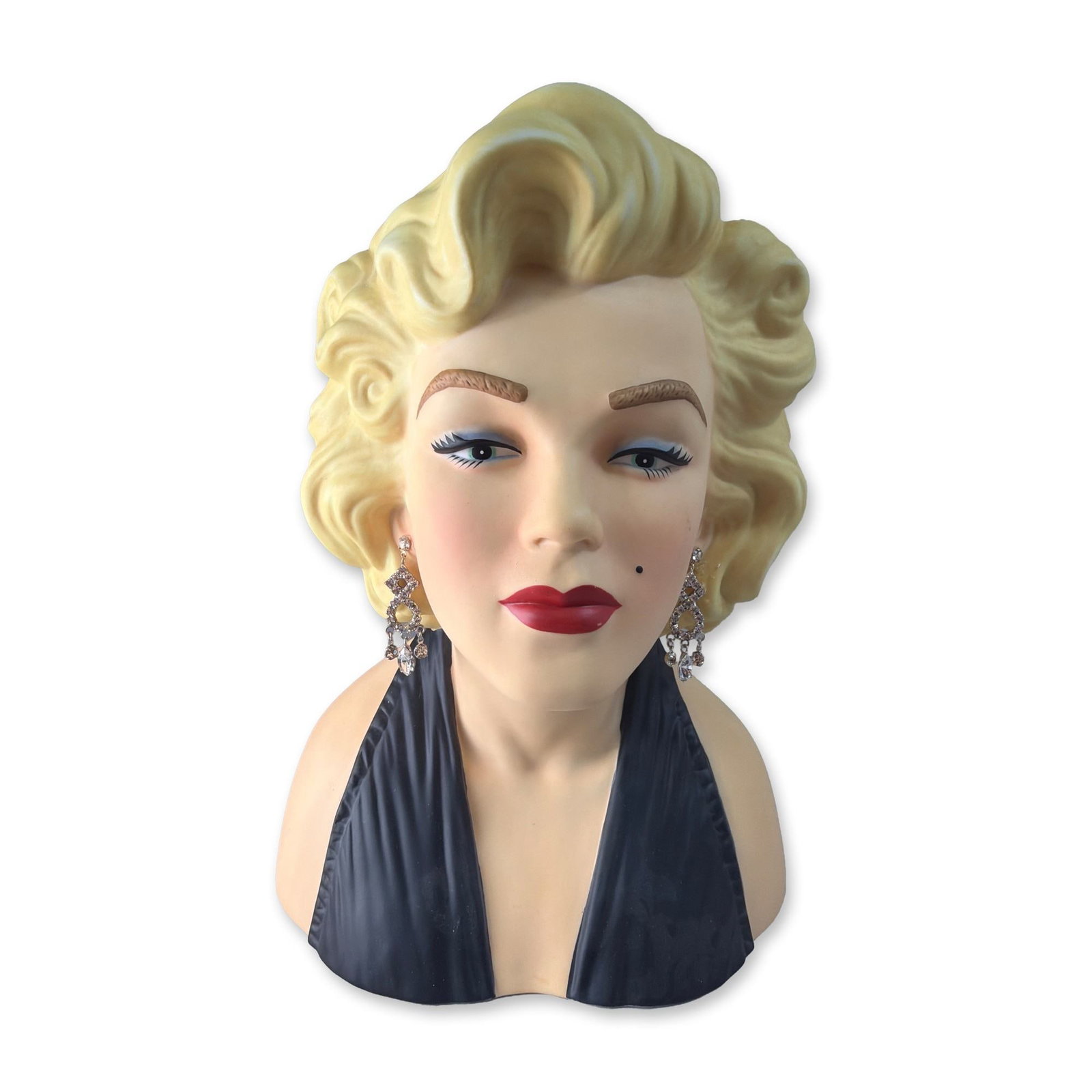Stafford Porcelain Marilyn Monroe Licensed Ceramic Portrait Head Vase: Contemporary licensed Marilyn Monroe portrait bust in painted ceramic by Stafford Porcelain. The head vase is modeled with signature blonde waves, red lips, and a beauty mark, wearing a black halter-n