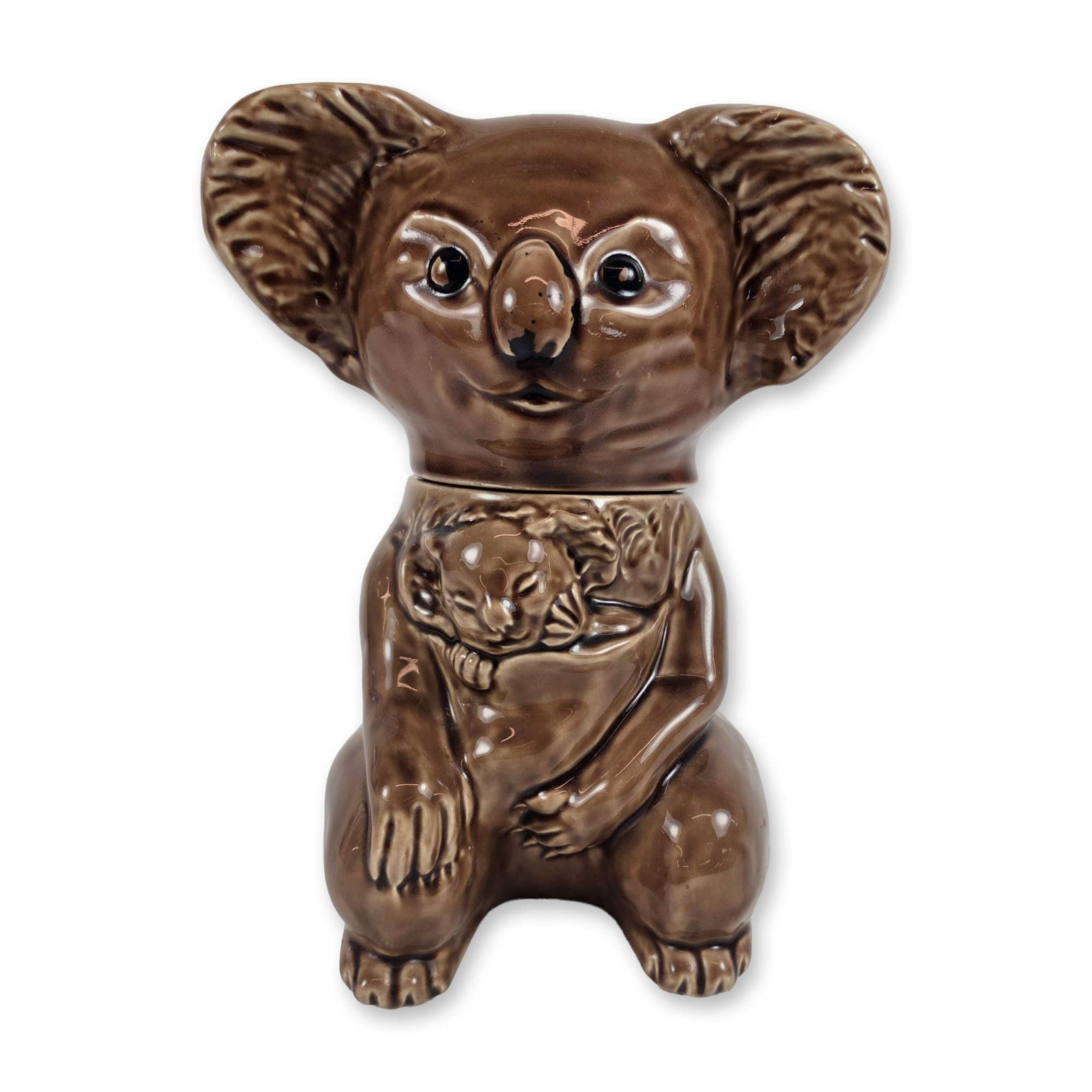 McCoy Ceramic Koala Mother and Joey Cookie Jar: McCoy Pottery figural cookie jar in glazed ceramic, depicting a seated mother koala with a joey clinging to its chest. Two-piece construction consisting of the main body and a removable lid formed by 