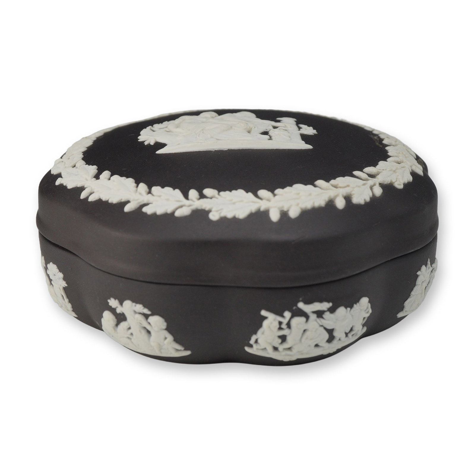 Wedgwood Black Basalt Jasperware Scalloped Circular Trinket Box (1 of 3)