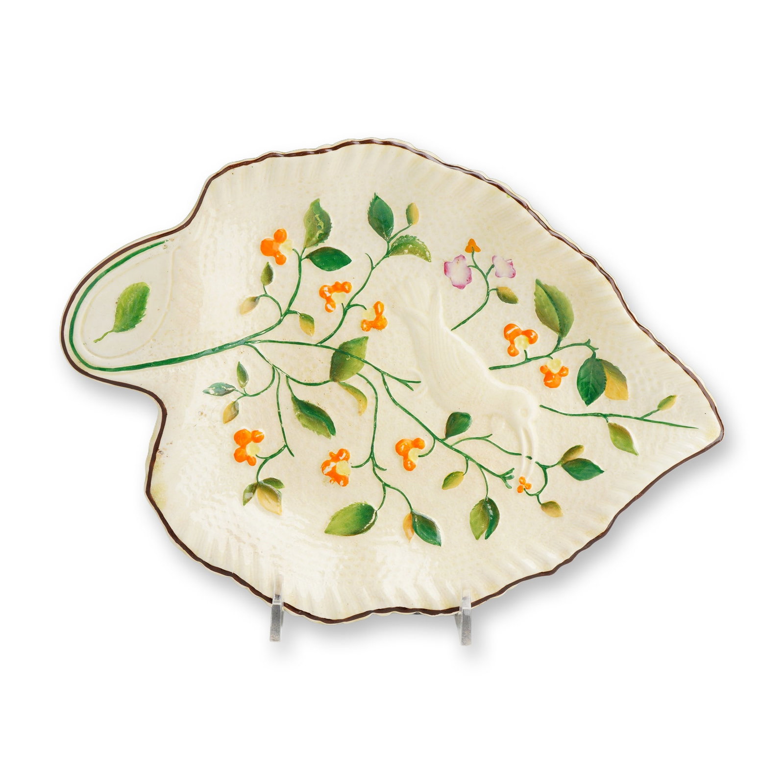 Wedgwood Hand-Painted Creamware Leaf Dish with Relief-Molded Bird (1 of 3)