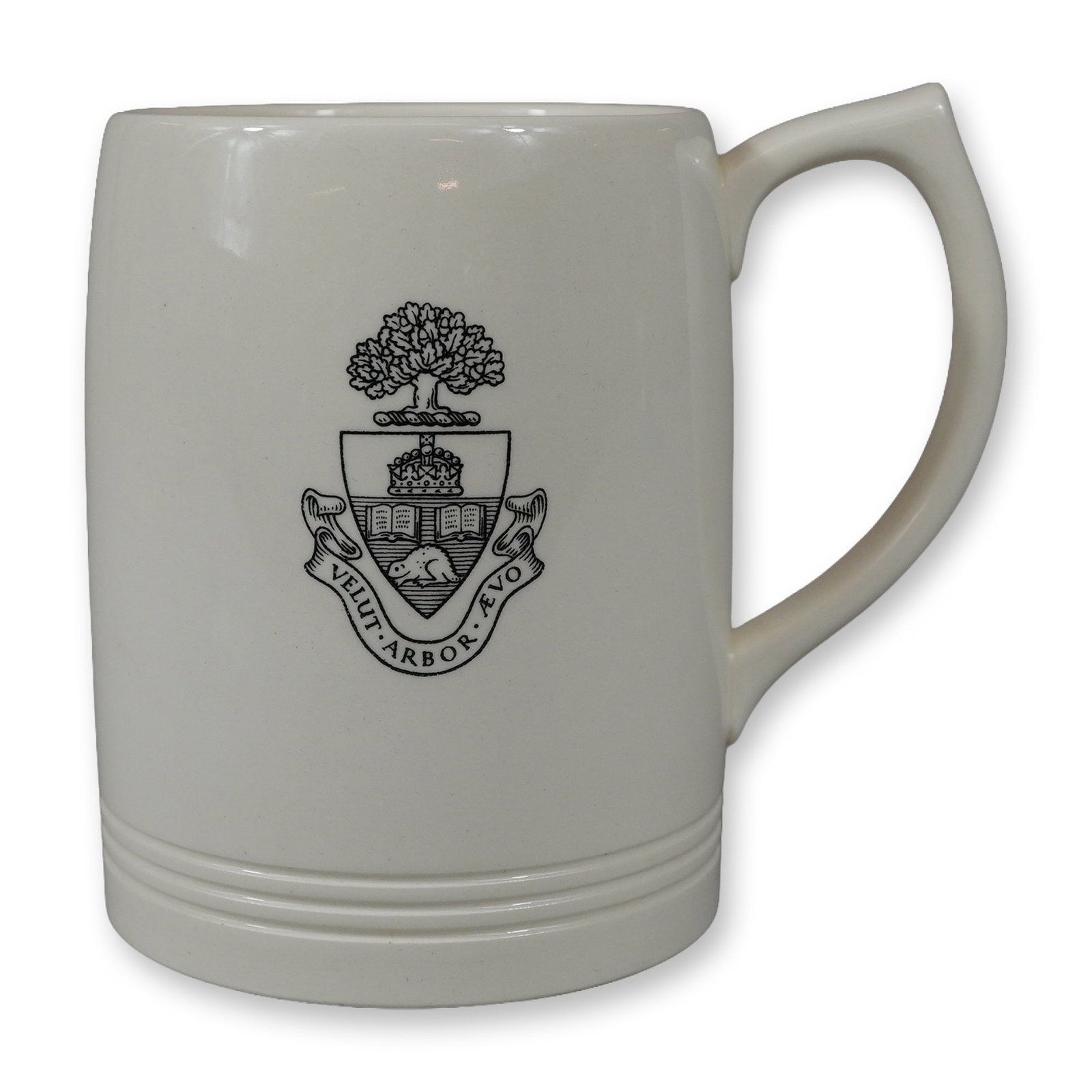 Wedgwood of Etruria & Barlaston University of Toronto Creamware Mug: This KM Wedgwood of Etruria & Barlaston cream-colored earthenware mug features a black transfer-printed heraldic crest for the University of Toronto. The central shield contains a crown, two open book