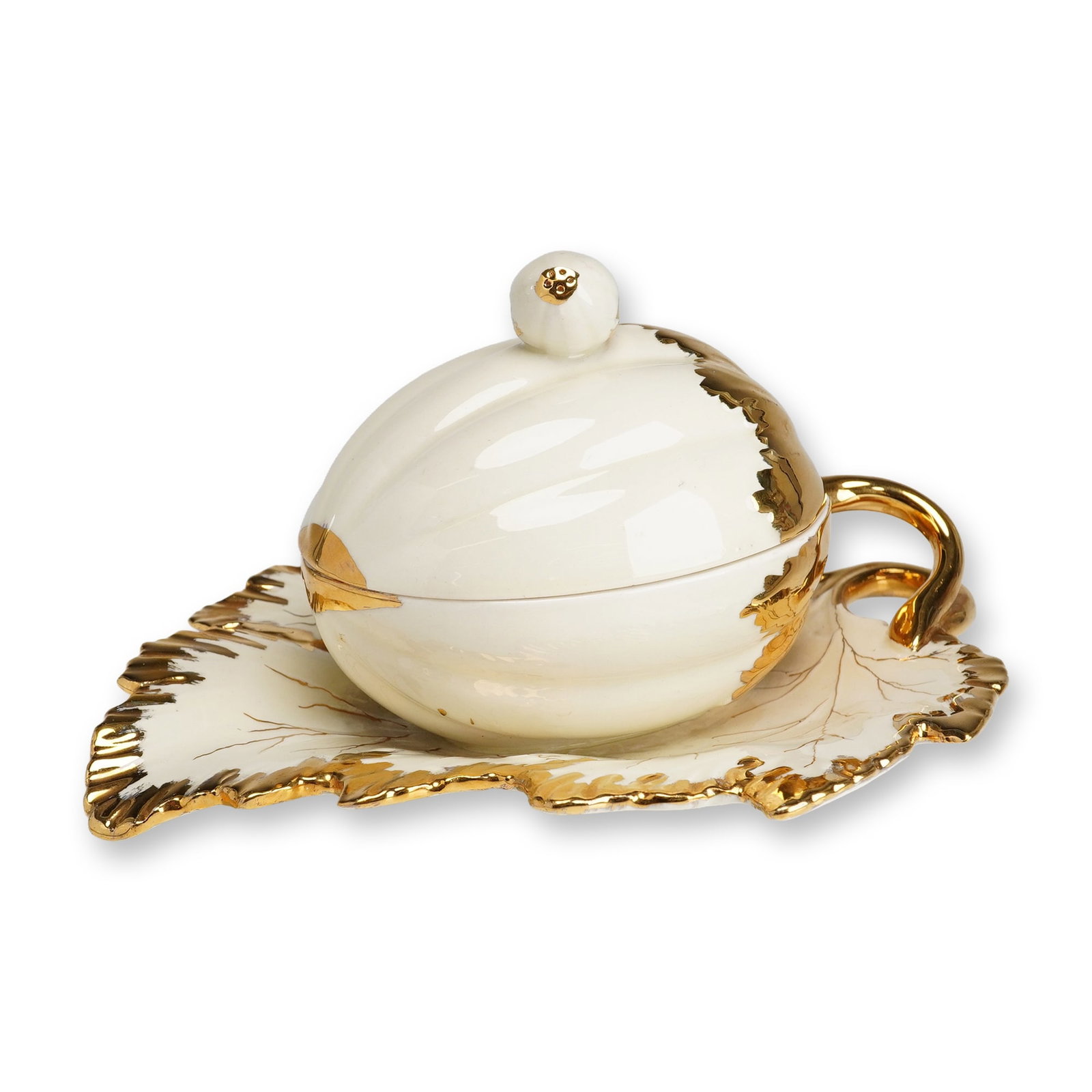 Wedgwood Gilded Creamware Covered Melon Dish on Leaf Base (1 of 4)