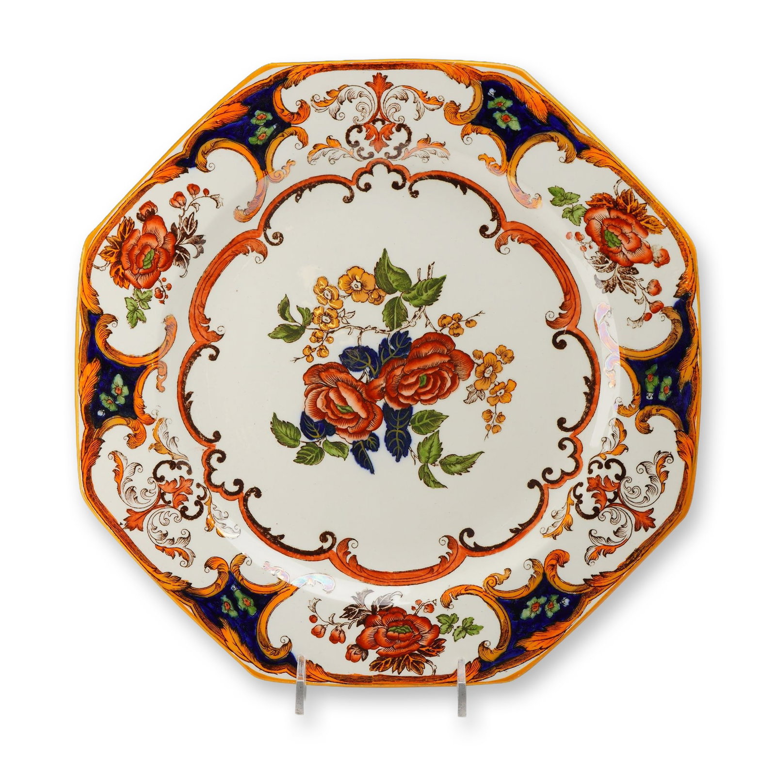 Wedgwood Etruria Camelia Pattern Octagonal Earthenware Plate: A Wedgwood fine earthenware octagonal plate in the Camelia pattern, manufactured at the Etruria works in Staffordshire, England. The central decoration features a polychrome transfer-printed floral bo