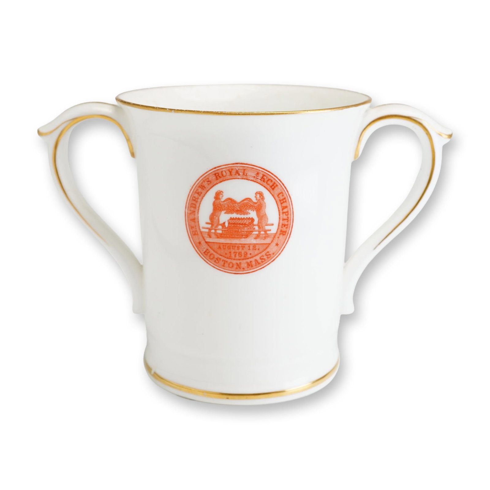Wedgwood Queensware Two-Handled Loving Cup: A Josiah Wedgwood and Sons Queensware two-handled loving cup commissioned by Richard Briggs and Company of Boston, Massachusetts. This fine white-bodied ceramic vessel was produced in 1894 to commemor