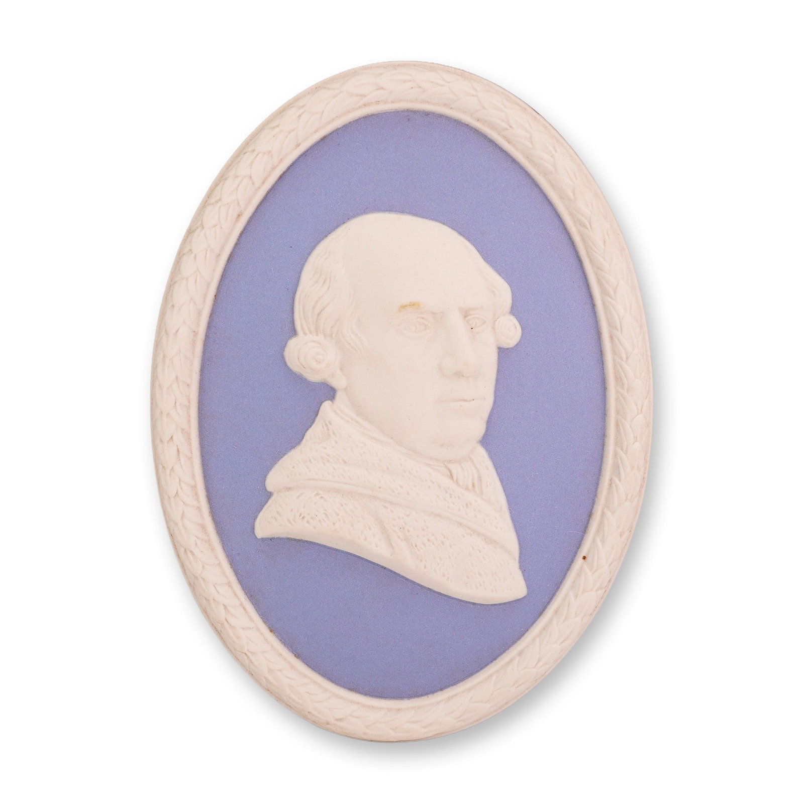 Wedgwood Portland Blue Jasperware George Stubbs 250th Anniversary Portrait Plaque: A limited edition Wedgwood jasperware portrait medallion commemorating the 250th anniversary of the birth of English painter George Stubbs. The piece is executed in Portland blue jasperware with appli