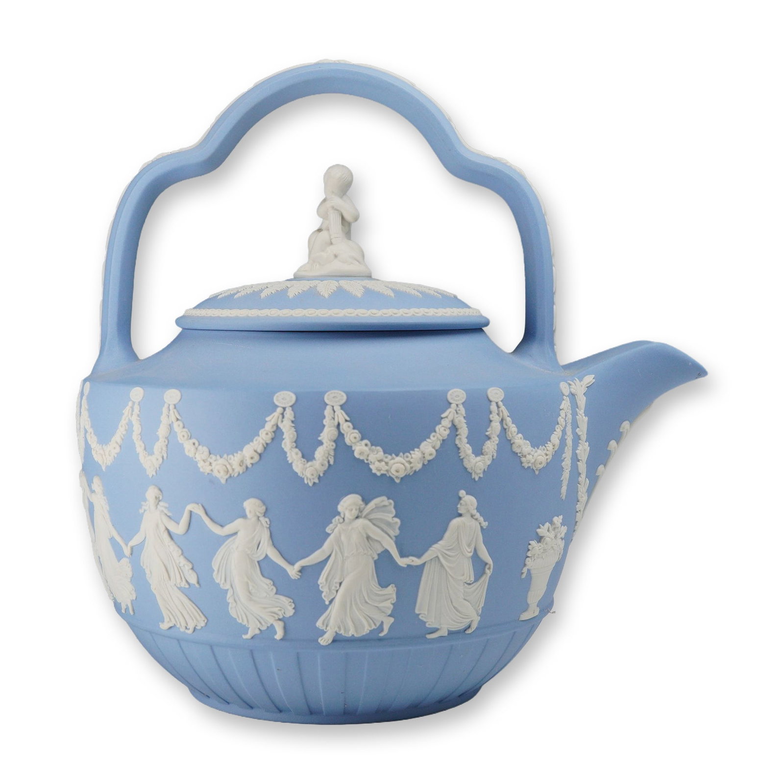 Wedgwood Heritage Collection Limited Edition Jasperware Rum Kettle: This piece is a limited edition Wedgwood Jasperware rum kettle from the Heritage Collection, identified as the second in a series. The kettle is constructed from pale blue matte stoneware featuring cr