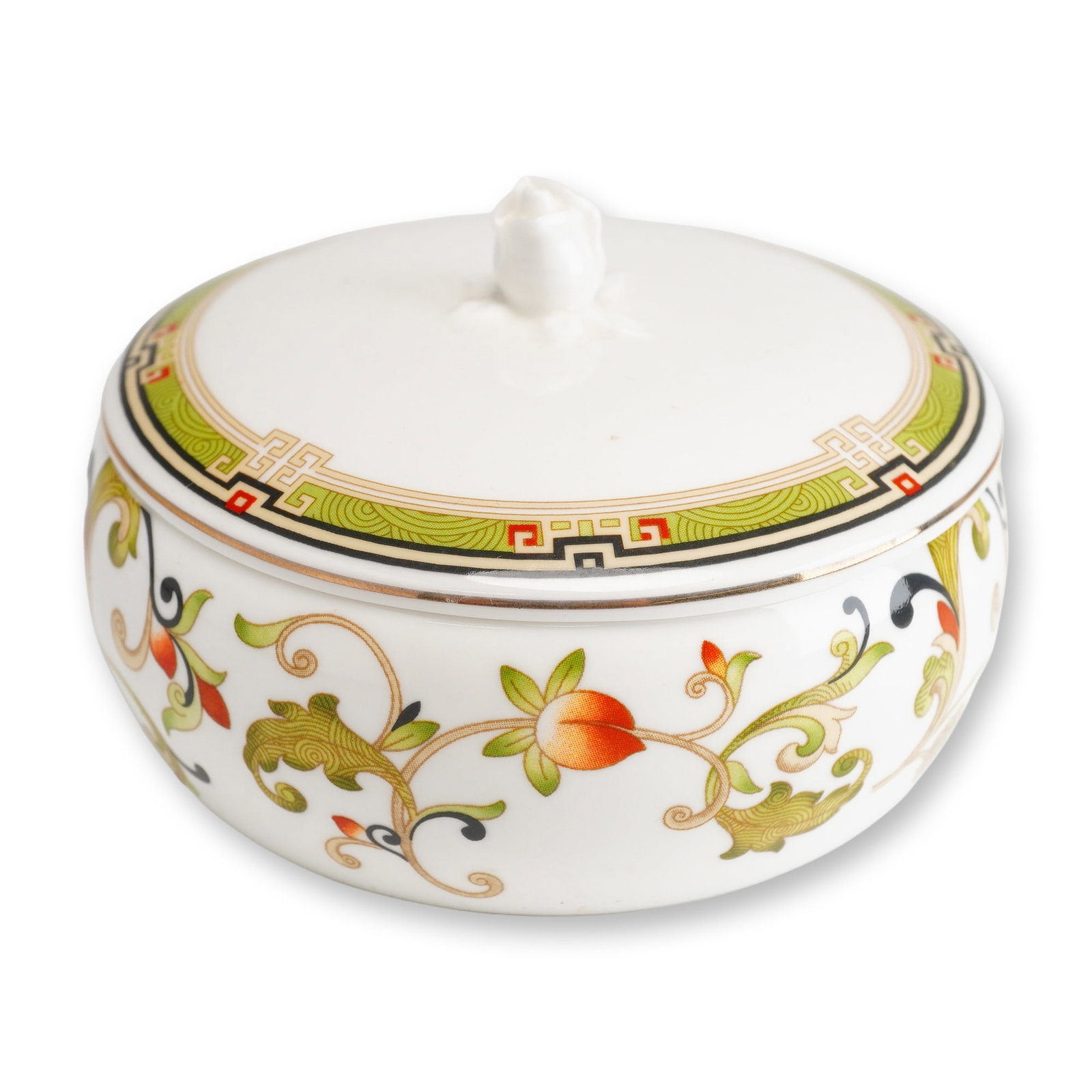 Wedgwood Oberon Pattern Bone China Lidded Box: This is a Wedgwood bone china lidded box, also referred to as a trinket or jewelry box, featuring the Oberon pattern. The circular, squat body and domed lid are crafted from white bone china. The exte