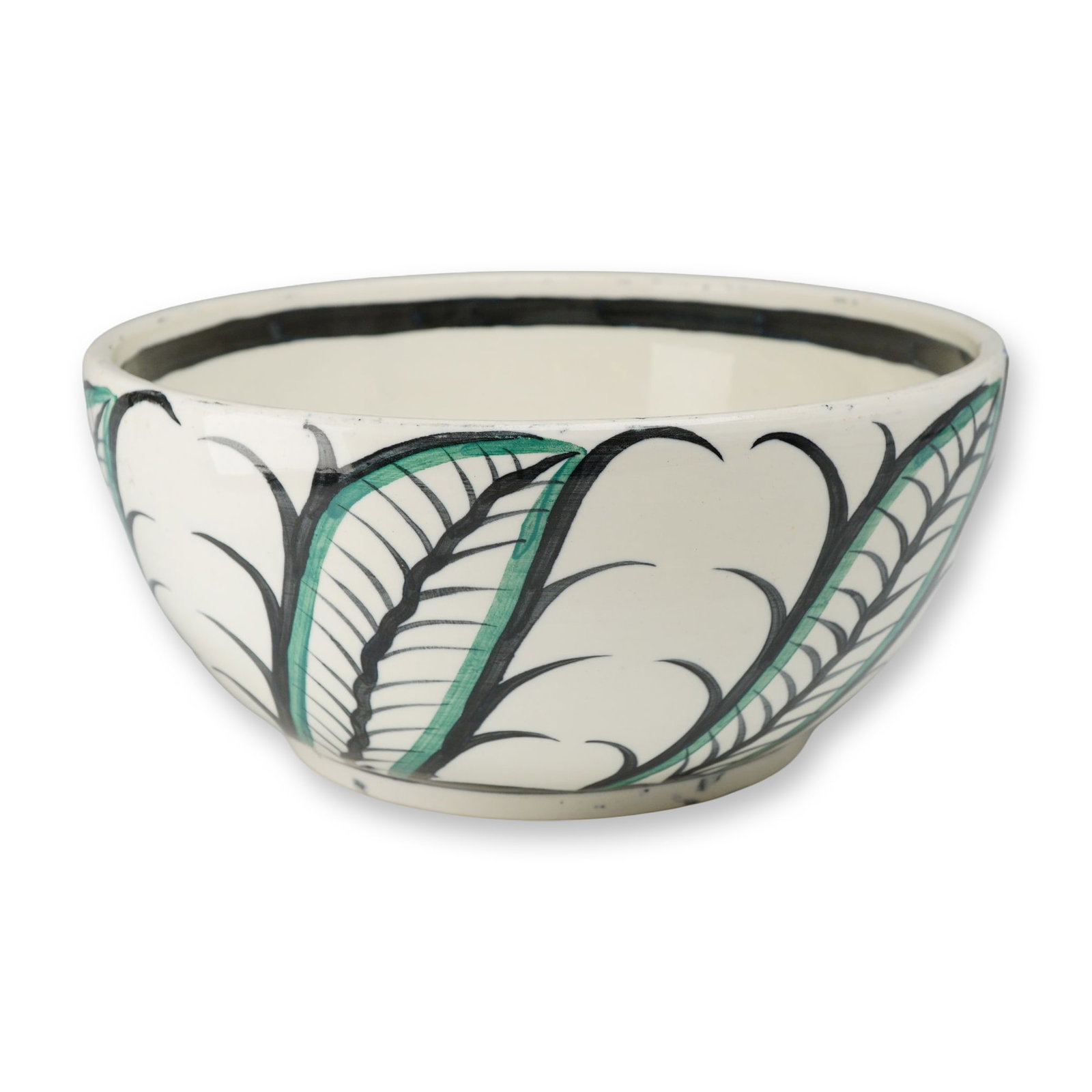 Wedgwood Large Ceramic Salad Bowl with Stylized Leaf Motif: A large and heavy Wedgwood glazed ceramic salad bowl featuring a bold hand-painted stylized leaf motif. The exterior is decorated with sweeping botanical scrolls in black and dark green against a crea
