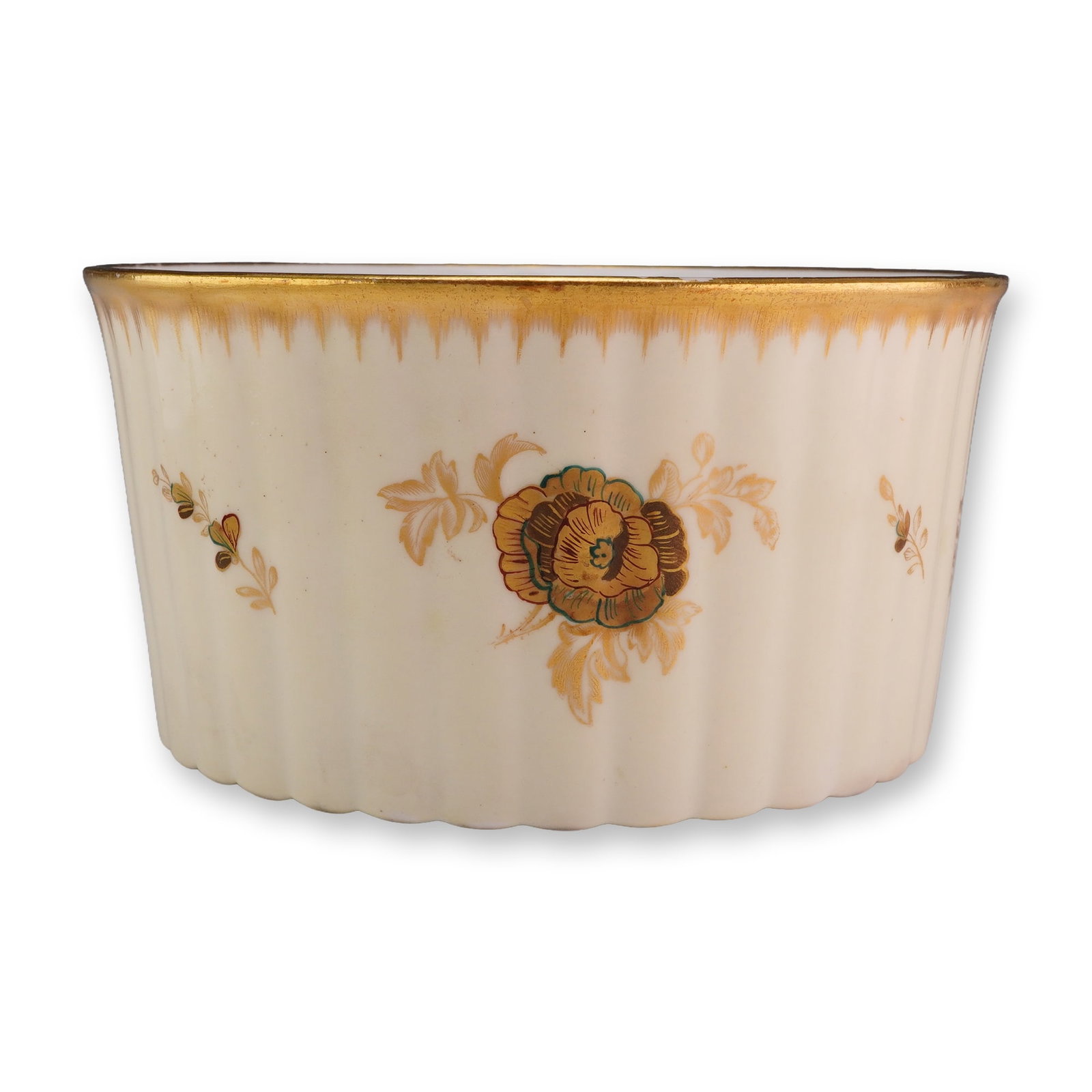 Wedgwood Glazed Ribbed Souffle Dish with Gold Rim and Floral Accents: This vintage glazed ribbed porcelain souffle dish features a vertically fluted body decorated with floral accents and a gold rim. The piece is constructed of white English bone china and exhibits poly