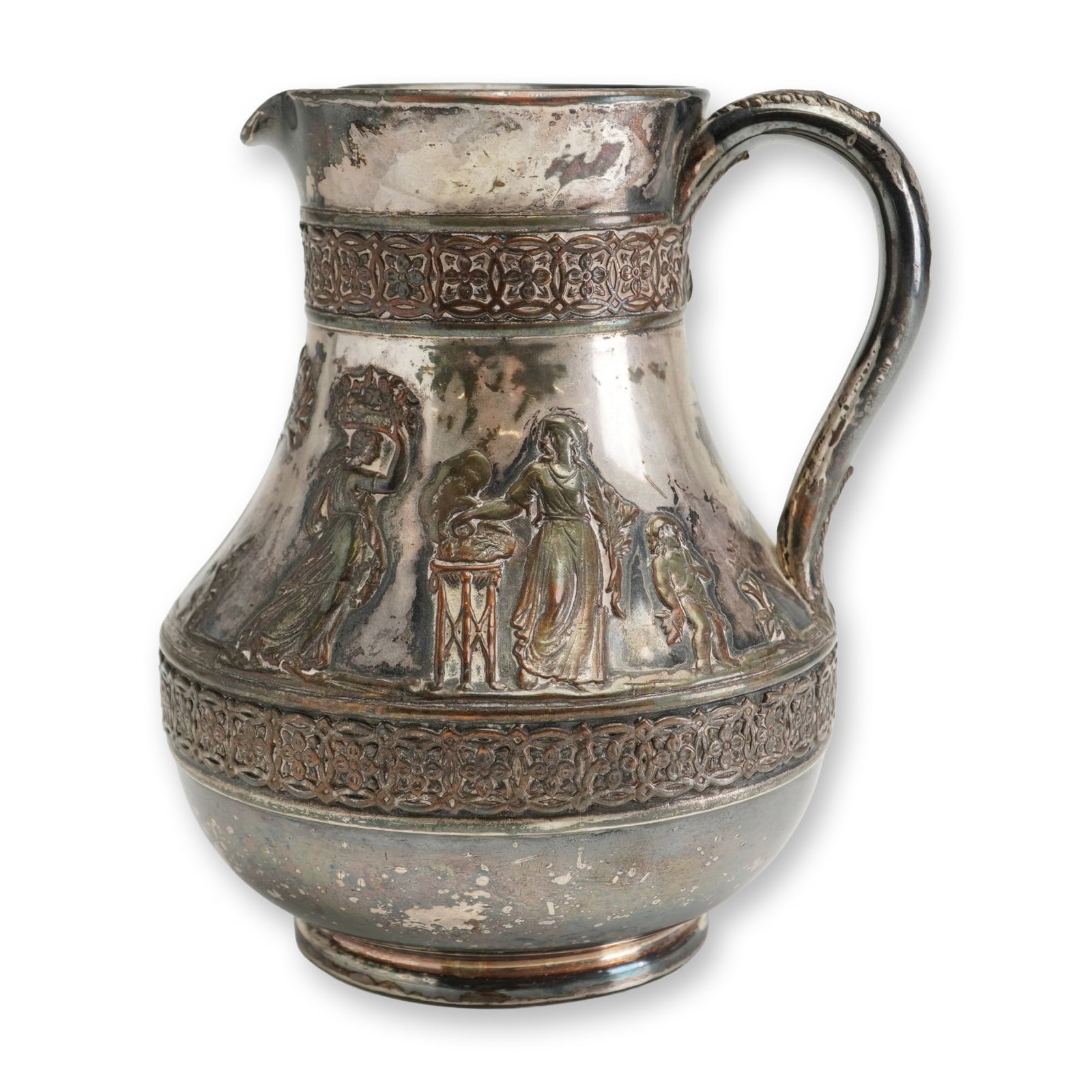 Wedgwood Silver Lusterware Neoclassical Pitcher: A Wedgwood silver lusterware pitcher featuring a bulbous ceramic body with a tapered neck and a pinched spout. The exterior is decorated with applied relief-molded neoclassical scenes depicting a cher