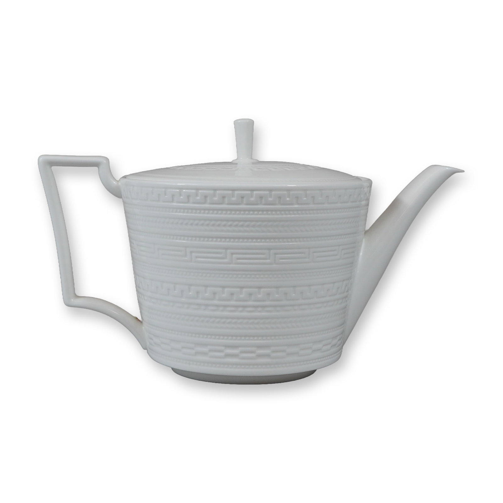 Wedgwood Intaglio White Bone China Teapot: A Wedgwood fine bone china teapot in the Intaglio pattern. This piece features a modern design with neoclassical influences, characterized by embossed geometric bands, a prominent Greek key border, an