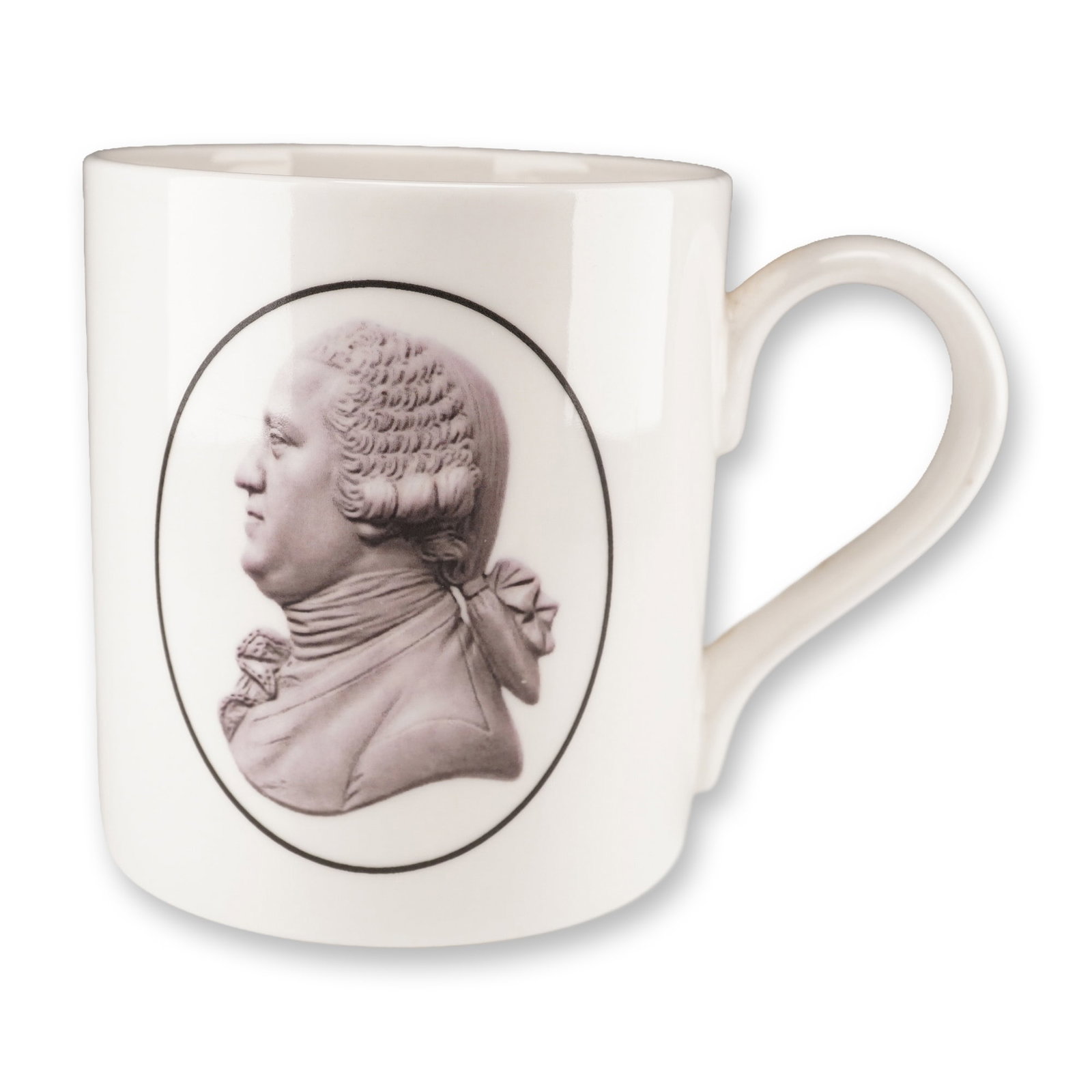 Wedgwood Museum Icons Collection Josiah Wedgwood Porcelain Mug: A modern white porcelain mug from the Wedgwood Museum Icons Collection, depicting Josiah Wedgwood I FRS. The mug features a monochrome profile portrait of Josiah Wedgwood rendered in 18th-century styl
