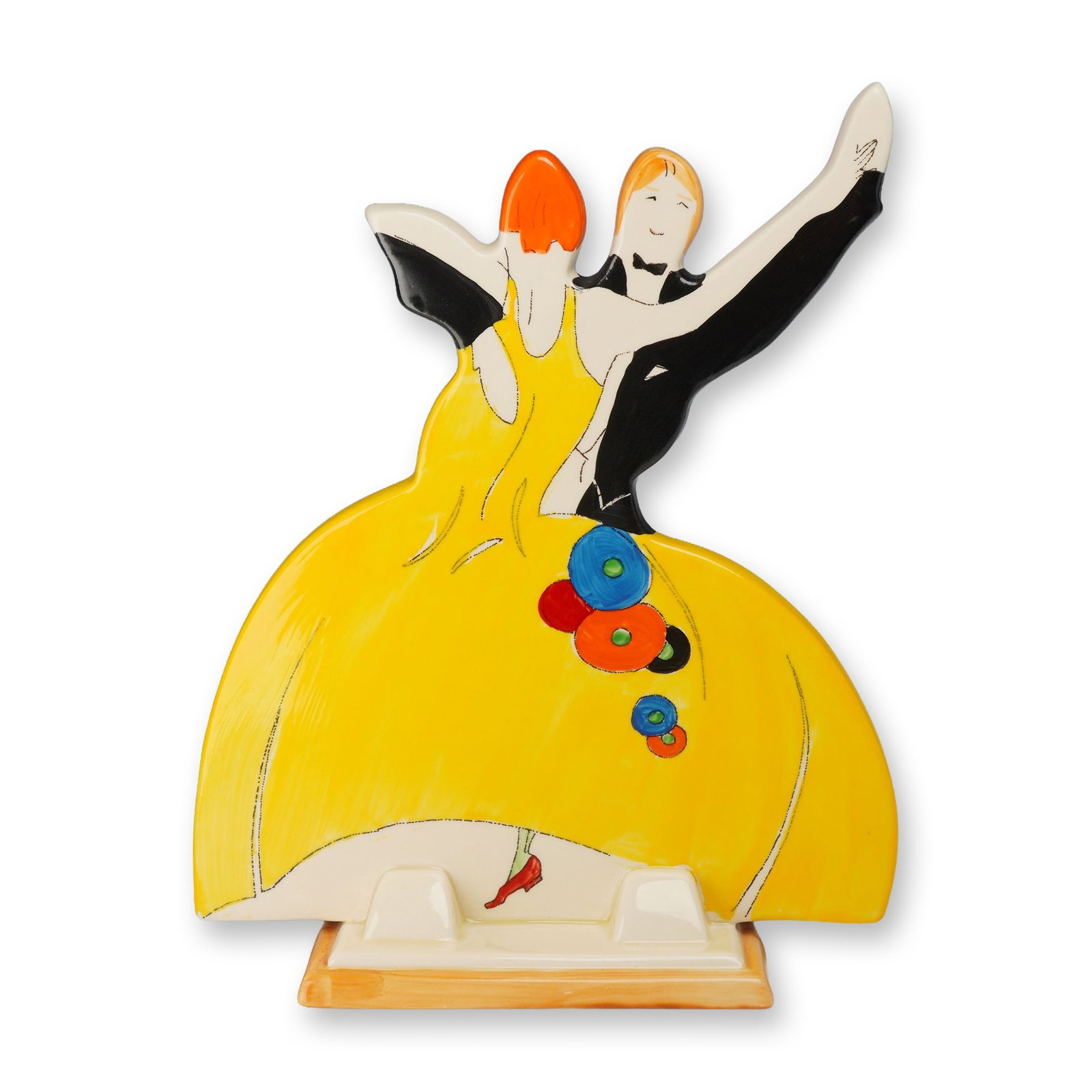 Wedgwood Bizarre by Clarice Cliff Age of Jazz Dancers Porcelain Figurine: A hand-painted porcelain figurine produced by Wedgwood in England, titled Age of Jazz and based upon an original design from the Bizarre line by Clarice Cliff. The piece depicts a ballroom dancing cou