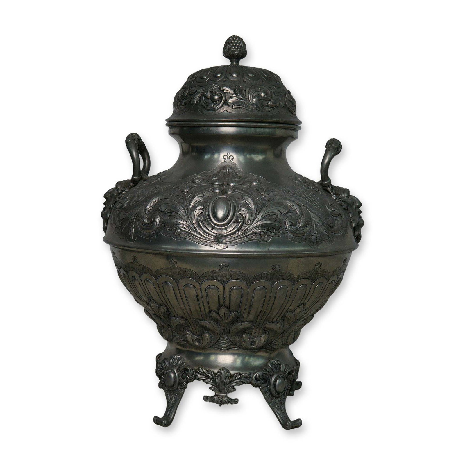 J. Dores Estanhos Embossed Pewter Footed Baluster Tureen with Lid: Victorian Rococo/Baroque decorative baluster handled tureen. Elaborate high-relief floral motifs, scrolling leaf borders, acanthus-style flourishes with Green Man adorned handles. J. Dores Estanhos im