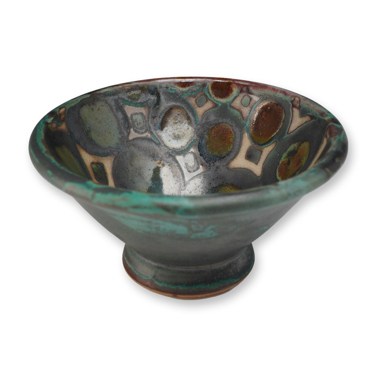 Peter Karner Studio Pottery Rice Bowl for Pewabic Studio: A flared, footed stoneware bowl featuring a wax-resist geometric surface design by studio potter Peter Karner. The interior and rim are decorated with an intricate pattern of overlapping circles and s