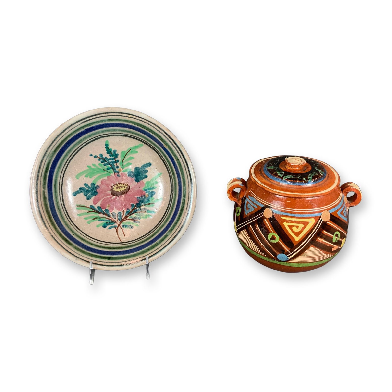 2pc Hand-Painted Pottery Including a Bean Pot and Serving Bowl (1 of 4)