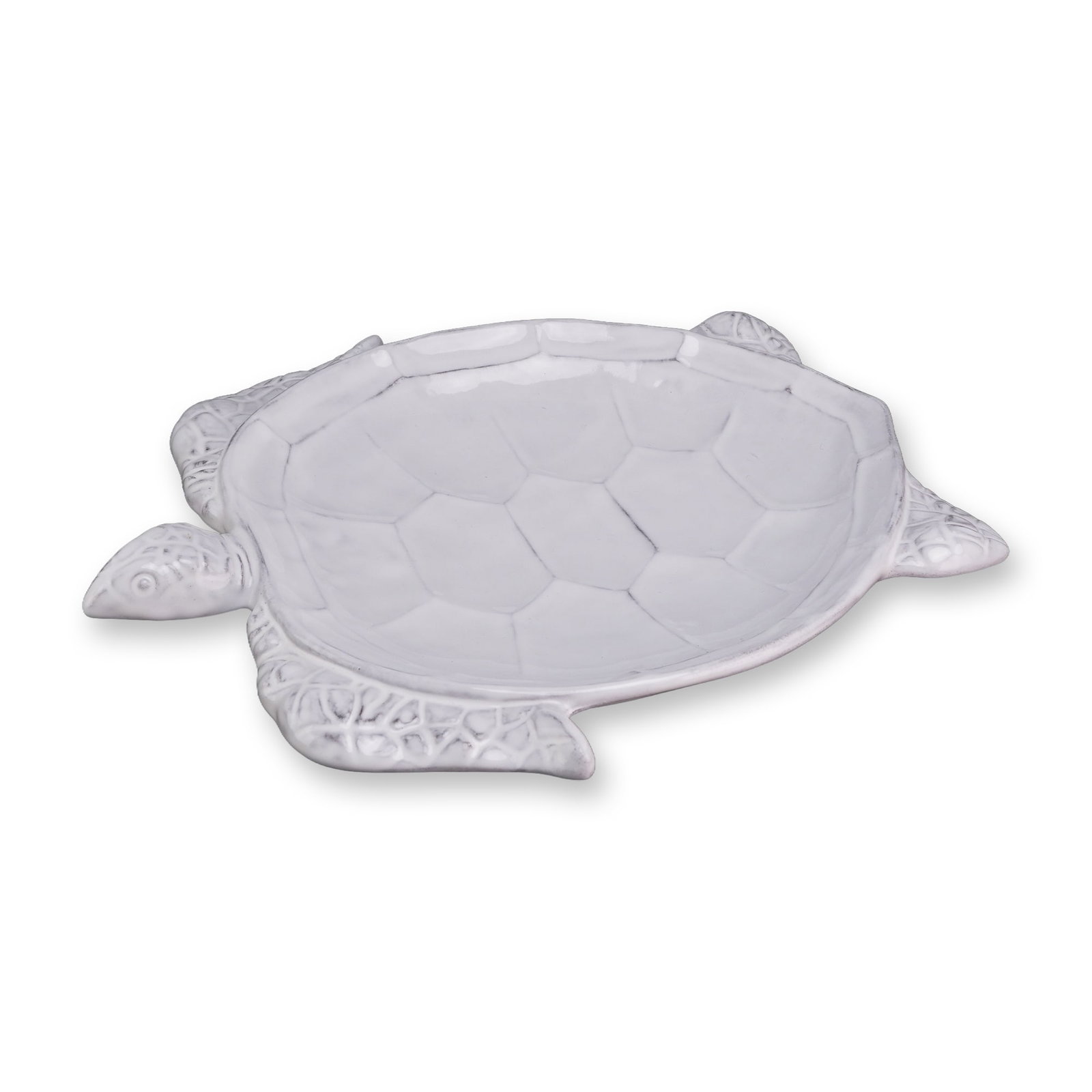 Vietri Italy Incanto Mare Ceramic Turtle Serving Dish: This is a ceramic figural serving dish in the form of a sea turtle, produced by Vietri as part of the Incanto Mare collection. The piece is crafted from glazed earthenware in Italy. The design feature