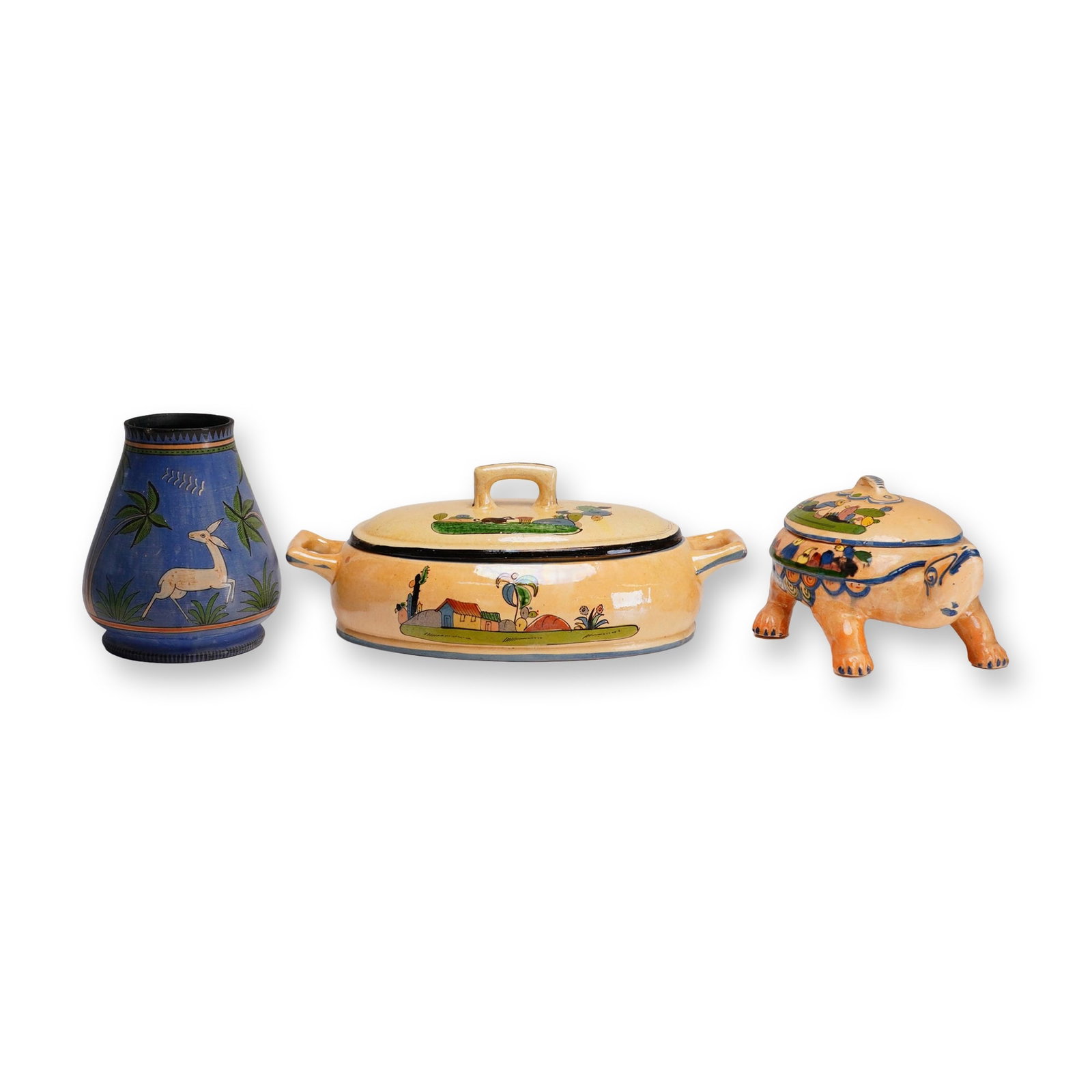 3pc Mexican Tonola Art Pottery - Vase, Covered Dish & Turtle Dish w/Lid (1 of 3)