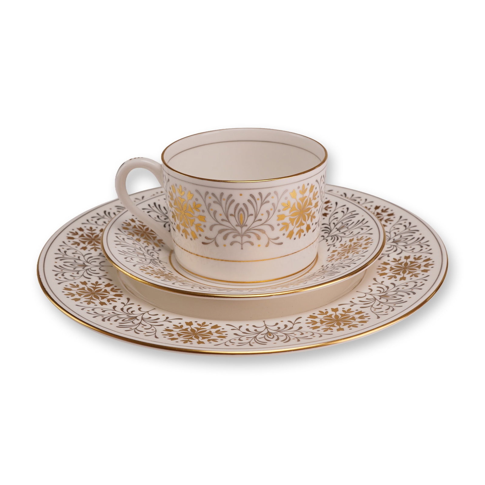 Coalport Bone China Three Piece Teacup and Plates Set, Spanish Lace: The set includes a footed teacup with a scroll handle, a matching saucer, and a dessert plate. The design features a transfer-printed border on a white ground consisting of charcoal grey scrolling fol