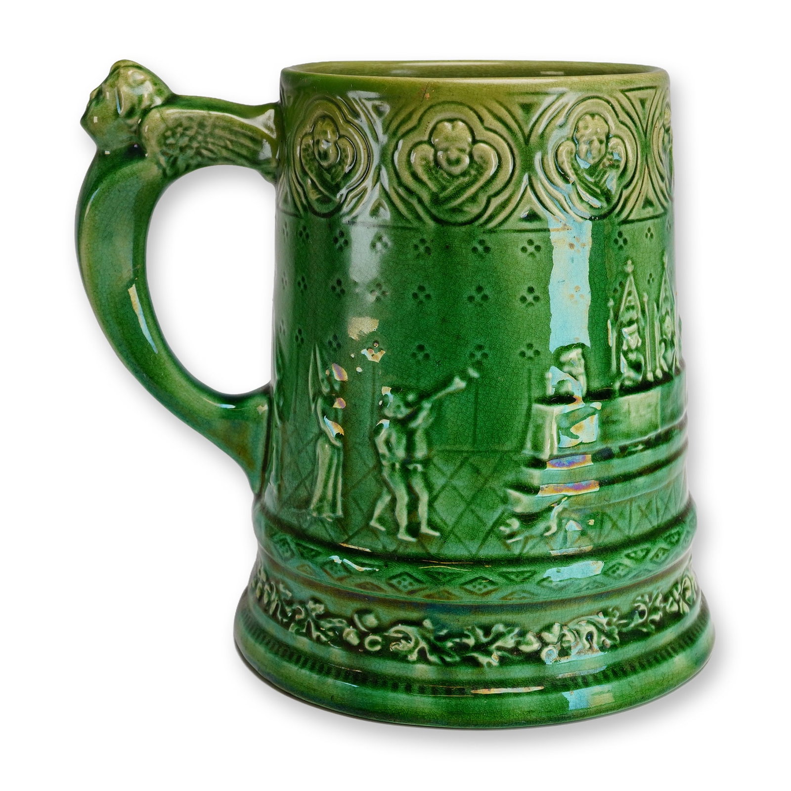 Victorian Style Majolica Royal Banquet Tankard: A Victorian-era molded majolica ceramic tankard, frequently referred to as the Royal Banquet or Kings and Queens pattern. This piece is attributed to or made in the style of the Portuguese manufacture