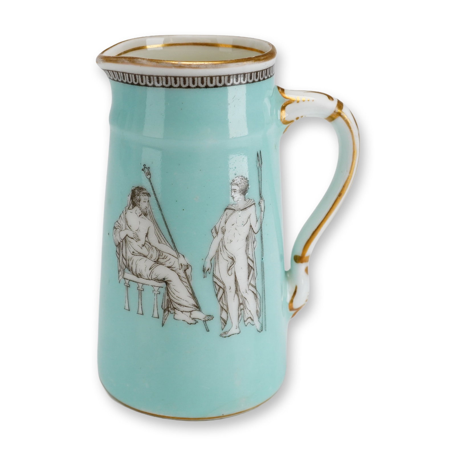 English Neoclassical Style Porcelain Pitcher: This small English porcelain pitcher is decorated in the Neoclassical style, featuring a vibrant turquoise ground reminiscent of mid-19th-century Prattware. The cylindrical body tapers slightly