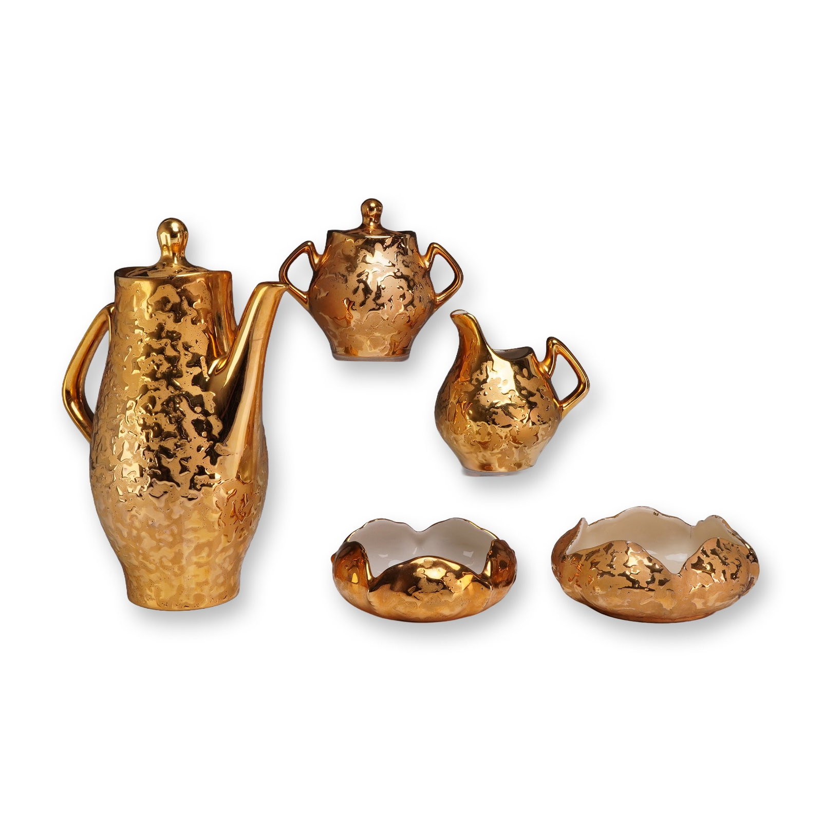 5pc 22 Karat Gold Hand Decorated Porcelain Coffee Pot, Creamer, Lidded Sugar, and Bowls (1 of 3)