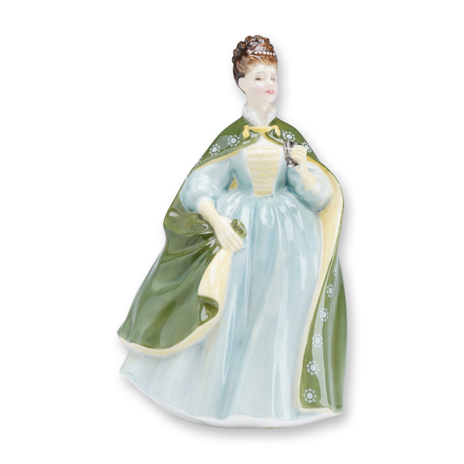 Royal Doulton Porcelain Figurine, Premiere HN 2343: This fine bone china figurine by Royal Doulton is titled Premiere, model number HN 2343. The hand-painted piece features a lady in mid-19th-century style evening attire, wearing a pale blue ball gown 