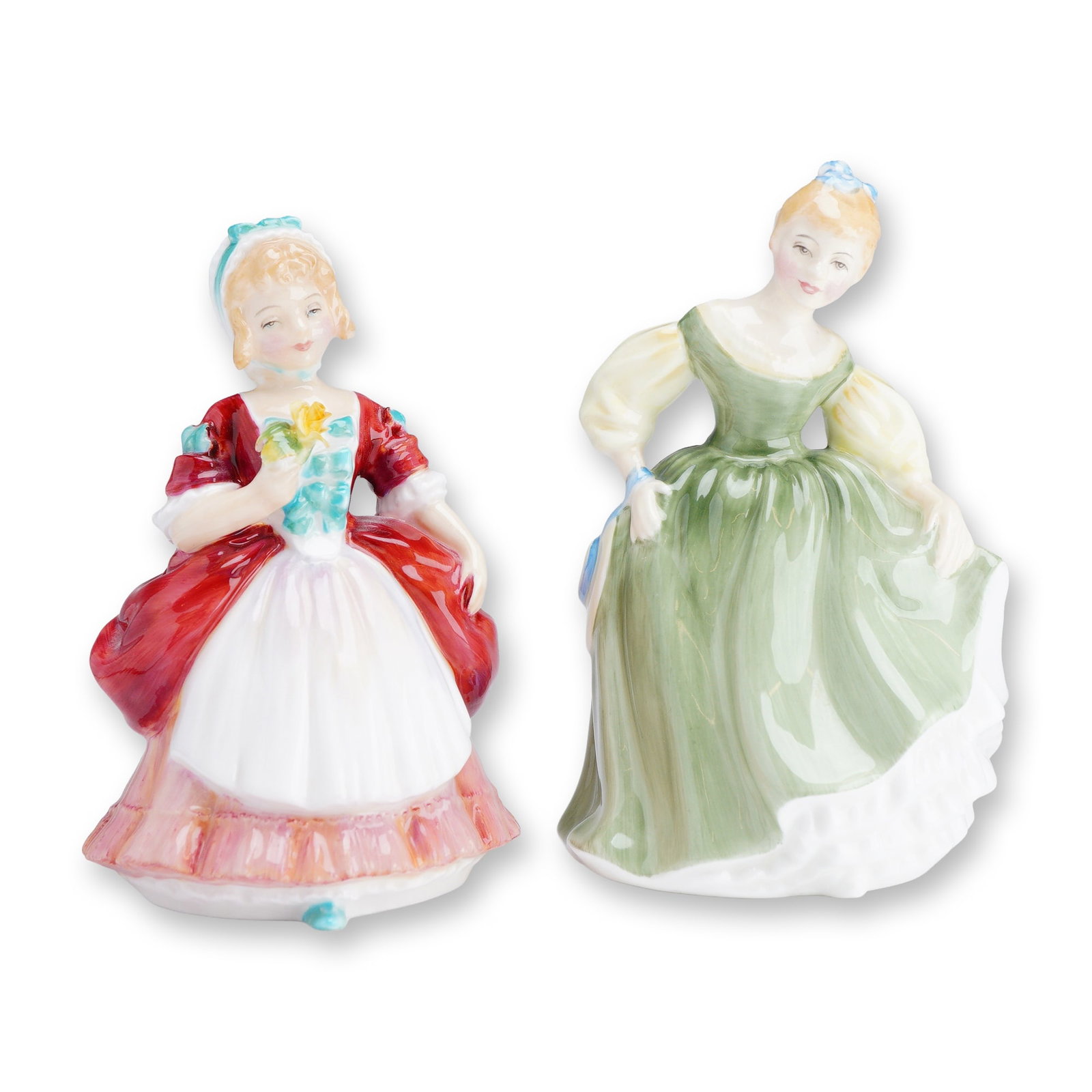 Royal Doulton Porcelain Figurines, Valerie HN 2107 and Fair Maiden HN 2211: This lot consists of two Royal Doulton fine bone china figurines, each featuring a high-gloss glaze and hand-painted accents. The first figurine, Valerie (HN 2107), depicts a young girl in a vibrant r