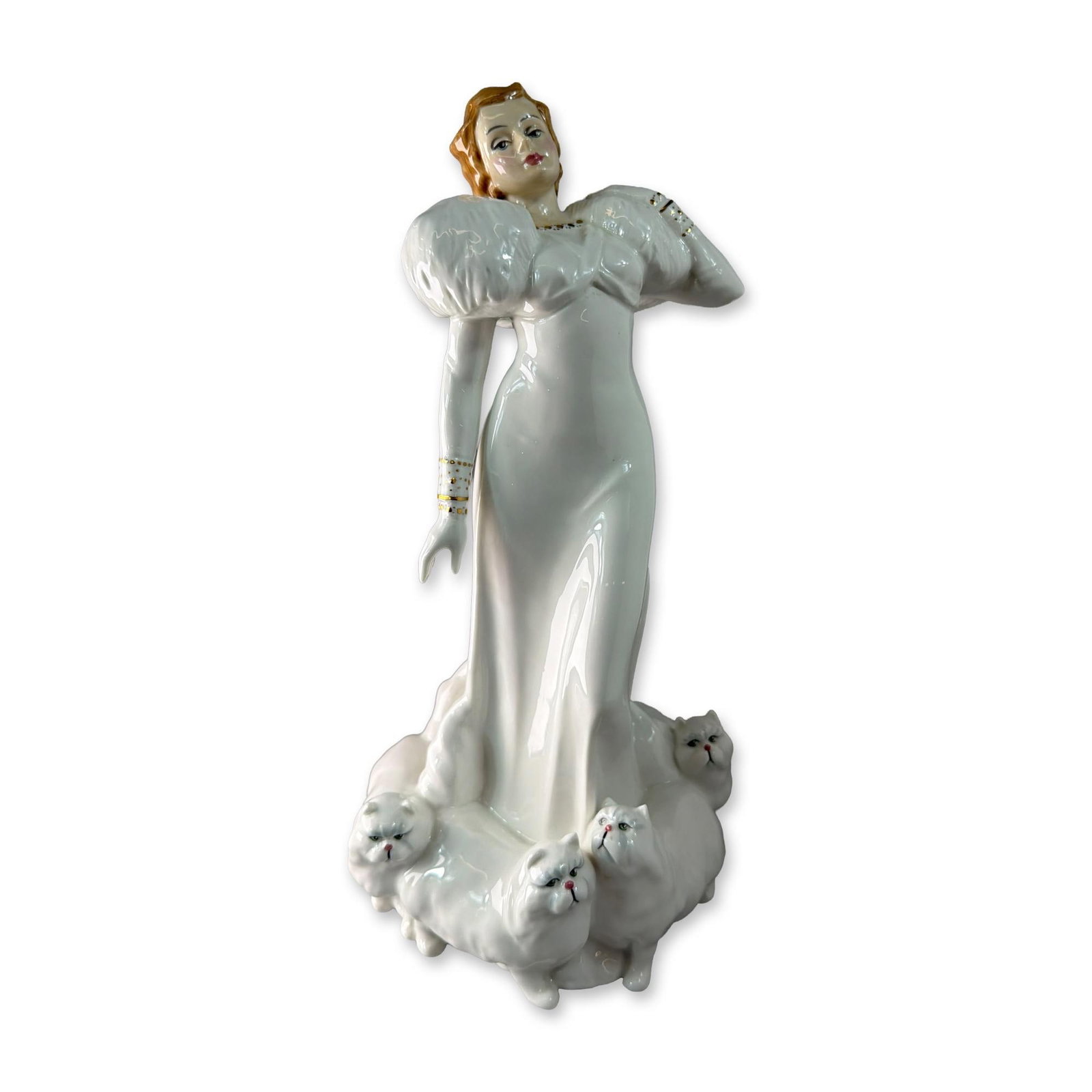 Royal Doulton Reflections Fantasy Porcelain Figurine HN 3296: Royal Doulton porcelain figurine from the Reflections series, titled Fantasy, model HN 3296. Figurine in glazed white porcelain with gold-toned accents, featuring a woman in a gown with voluminous puf