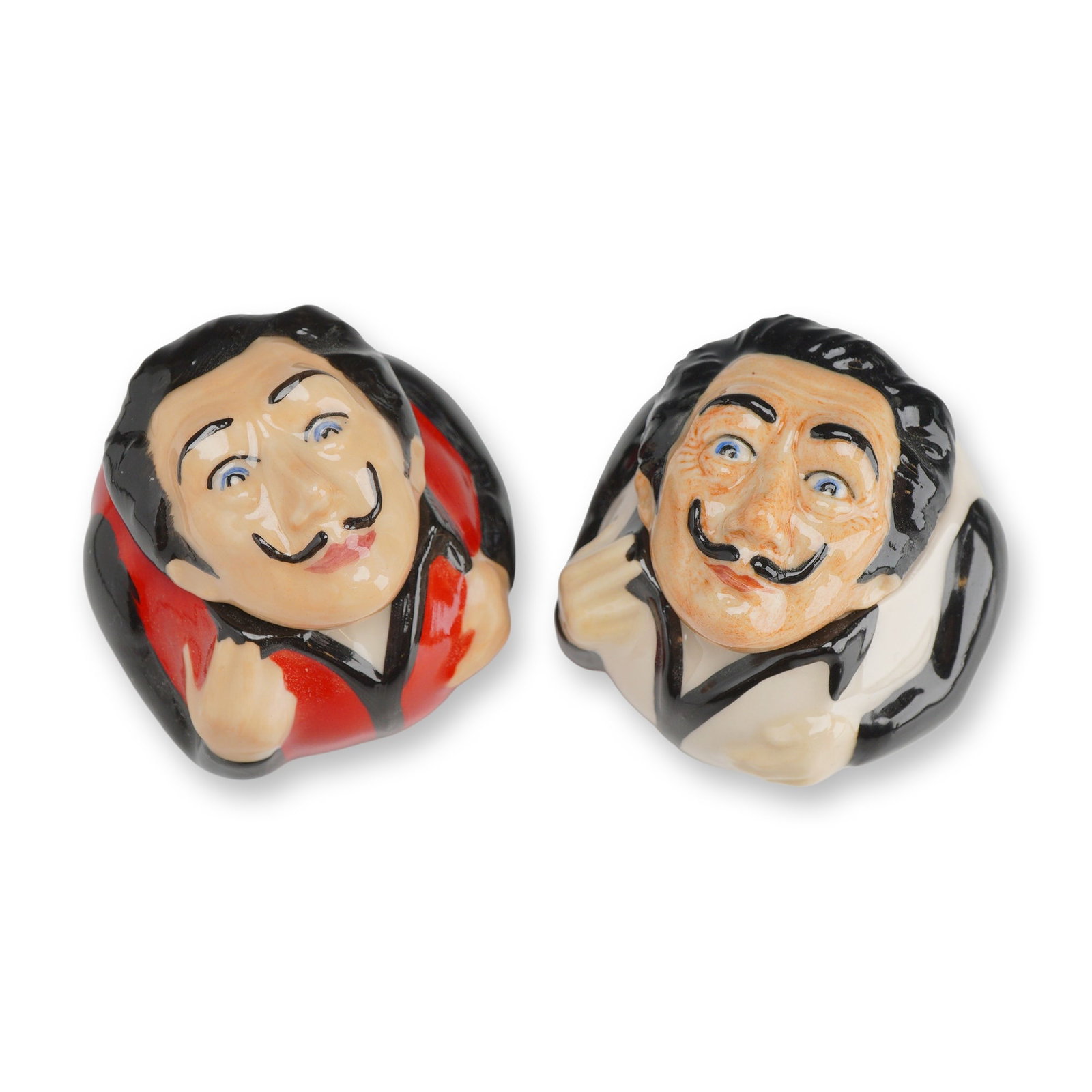 2pc Kevin Francis Face Pots, Salvador Dali: A pair of lidded glazed porcelain Face Pots produced by Kevin Francis, featuring caricatures of the artist Salvador Dal?. The design captures the artist's iconic features, including his signature uptu