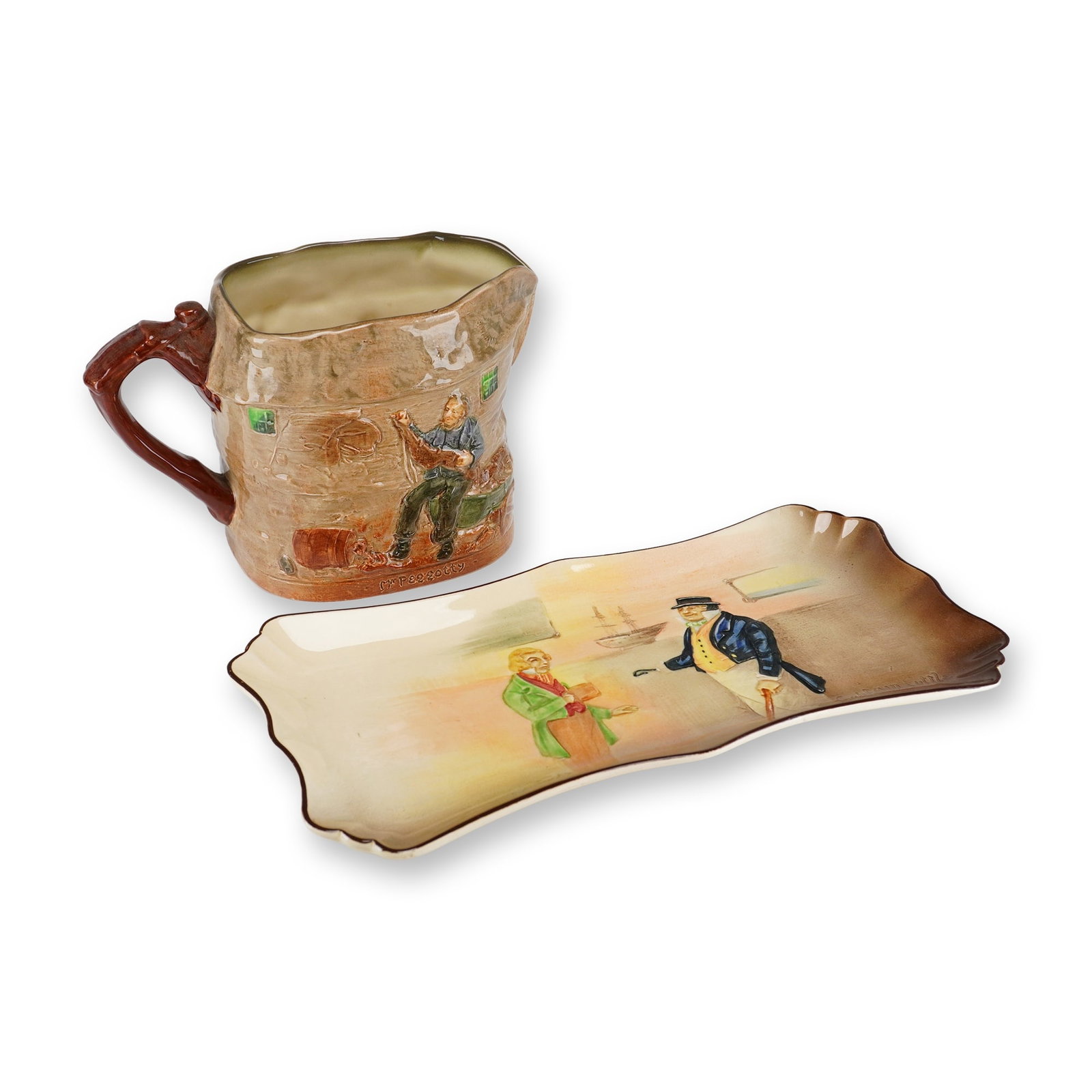 2pc Royal Doulton Dickensware Peggotty Pitcher and Mr. Toots & Captain Cuttle Platter: This lot features two pieces of Royal Doulton glazed earthenware from the Dickens Series. The first item is a relief-molded pitcher titled Peggotty, showcasing scenes from David Copperfield. The body 