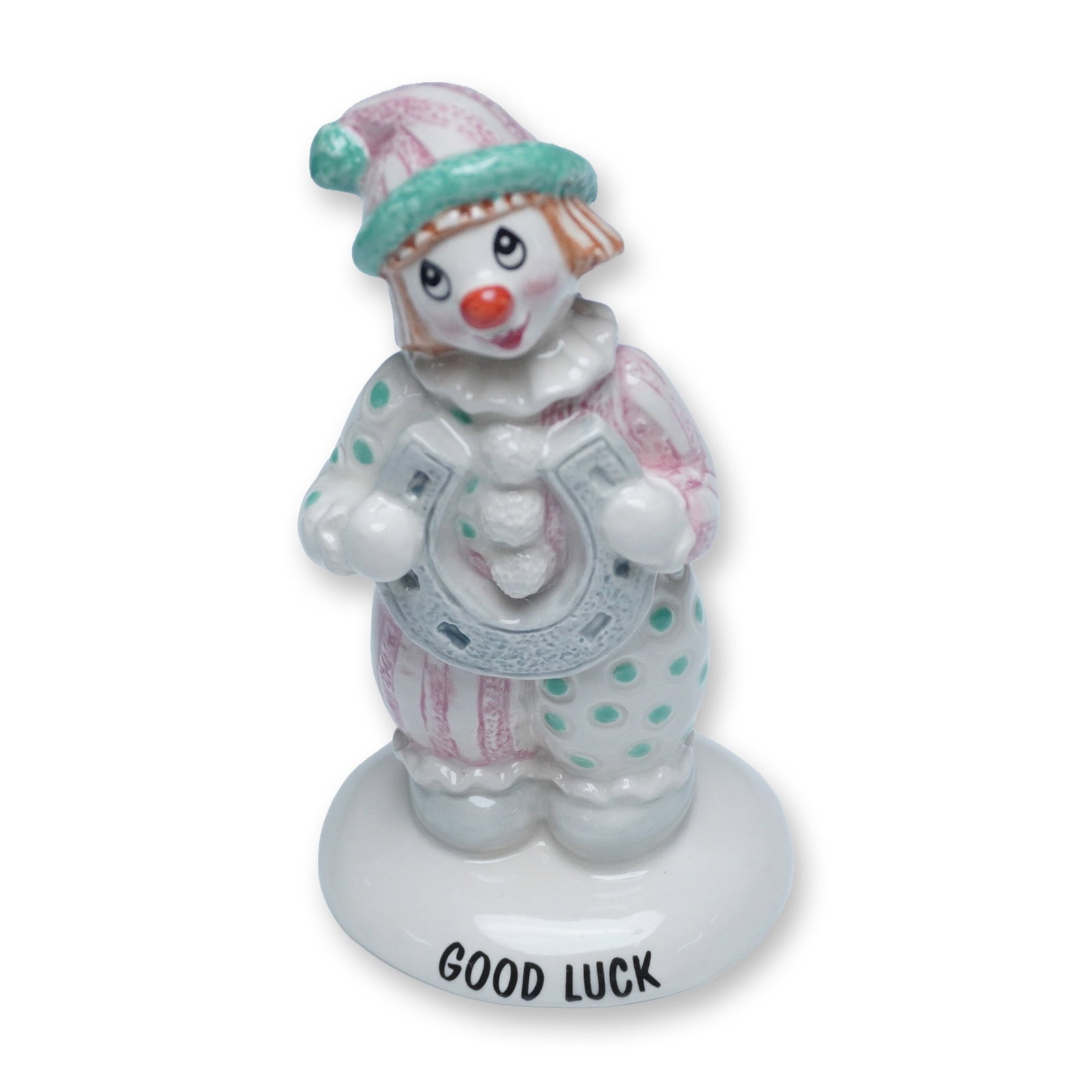 Beswick Little Lovables "Good Luck" Clown Figurine, LL31: A charming Beswick Little Lovables "Good Luck" clown figurine, model LL31. This hand-painted ceramic figure features a whimsical clown dressed in pastel pink and green polka-dotted attire, holding a l