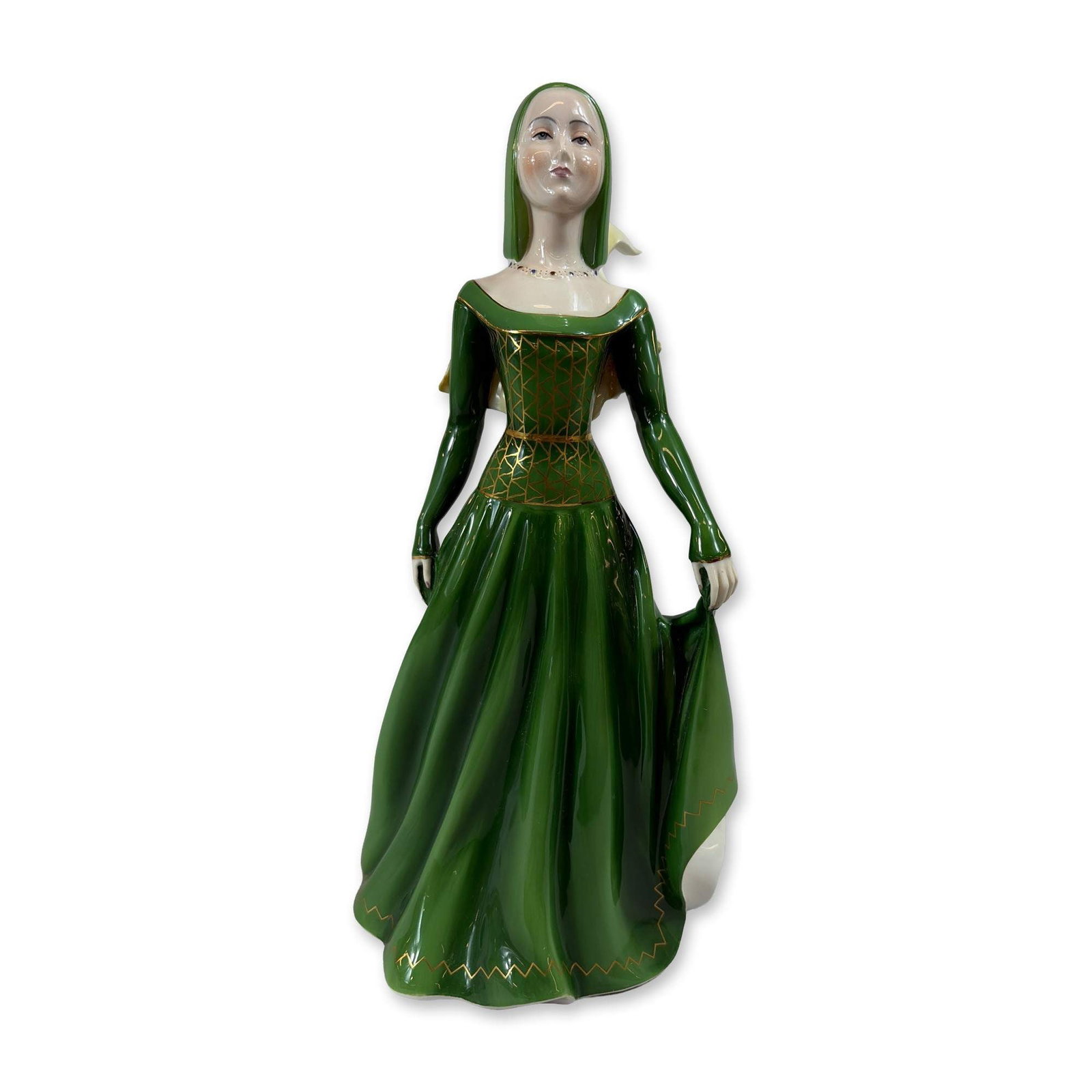 Coalport Bone China House of York Figurine: Coalport glazed bone china figurine titled House of York 1461-1485. The stylized female figure is depicted in a deep emerald green medieval gown with a gold lattice-patterned bodice and a matching con