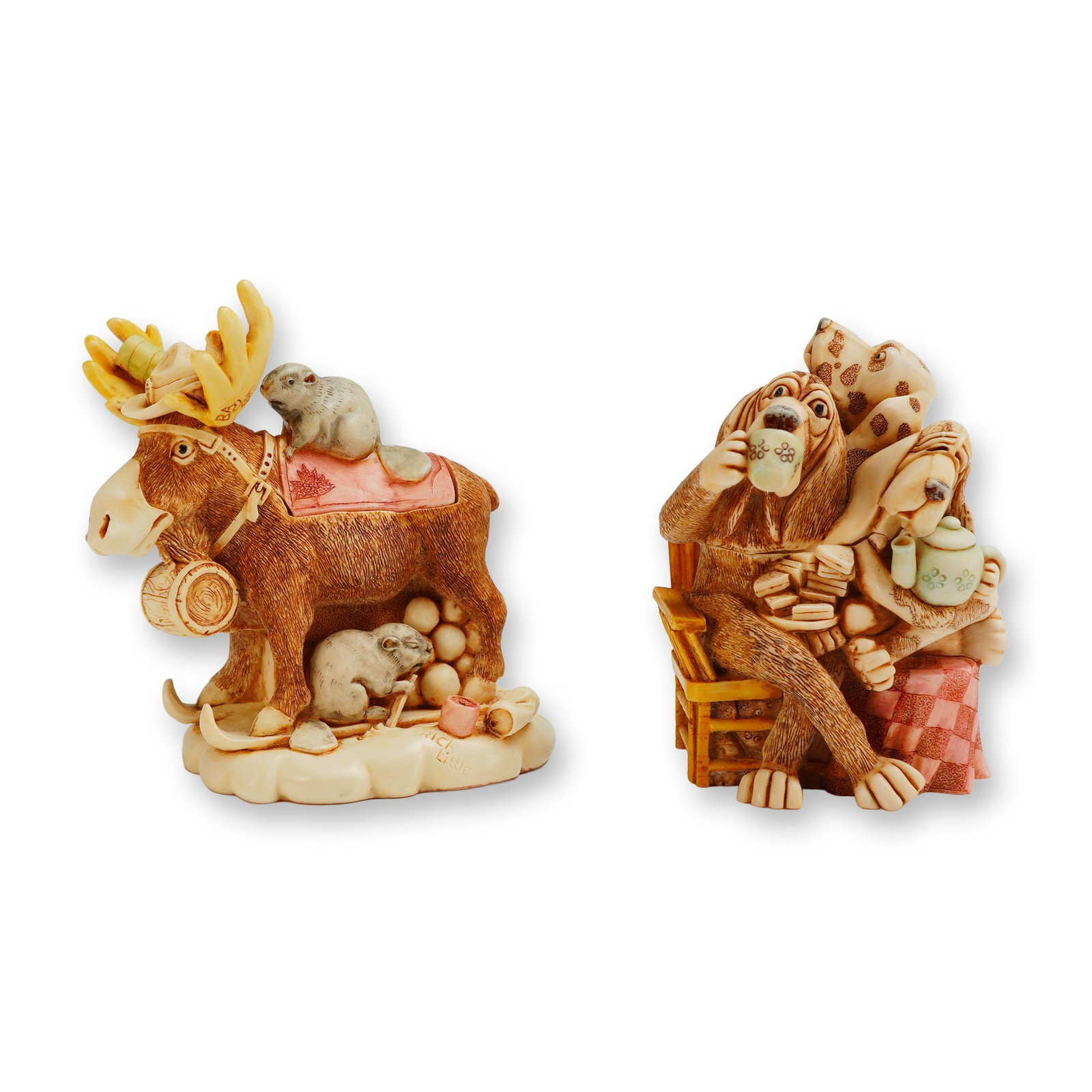 2pc Harmony Kingdom Box Figurines, E.C Tea Party & Beer Nuts: The Beer Nuts figurine depicts a moose accompanied by beavers, winter sporting equipment, and a barrel inscribed with Sleeman Black. The base features the inscription Sir John Eh. The E.C. Tea Party f