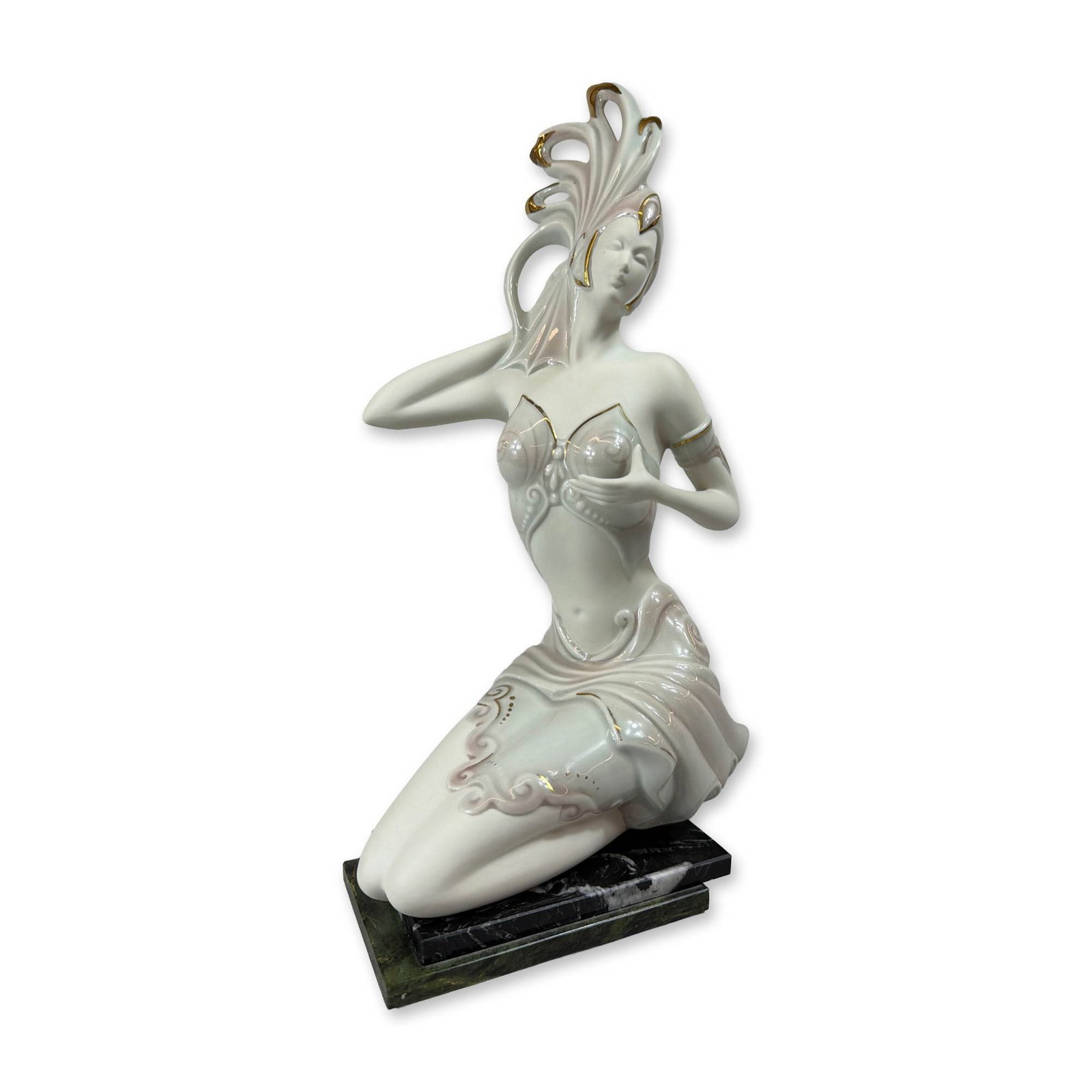 Galos Art Deco Style Porcelain Dancer Figurine: Galos Art Deco style porcelain figurine of a kneeling female dancer, featuring a matte body with a glossy glaze for the costume and headdress, with gilt highlights on the stylized headdress and costum